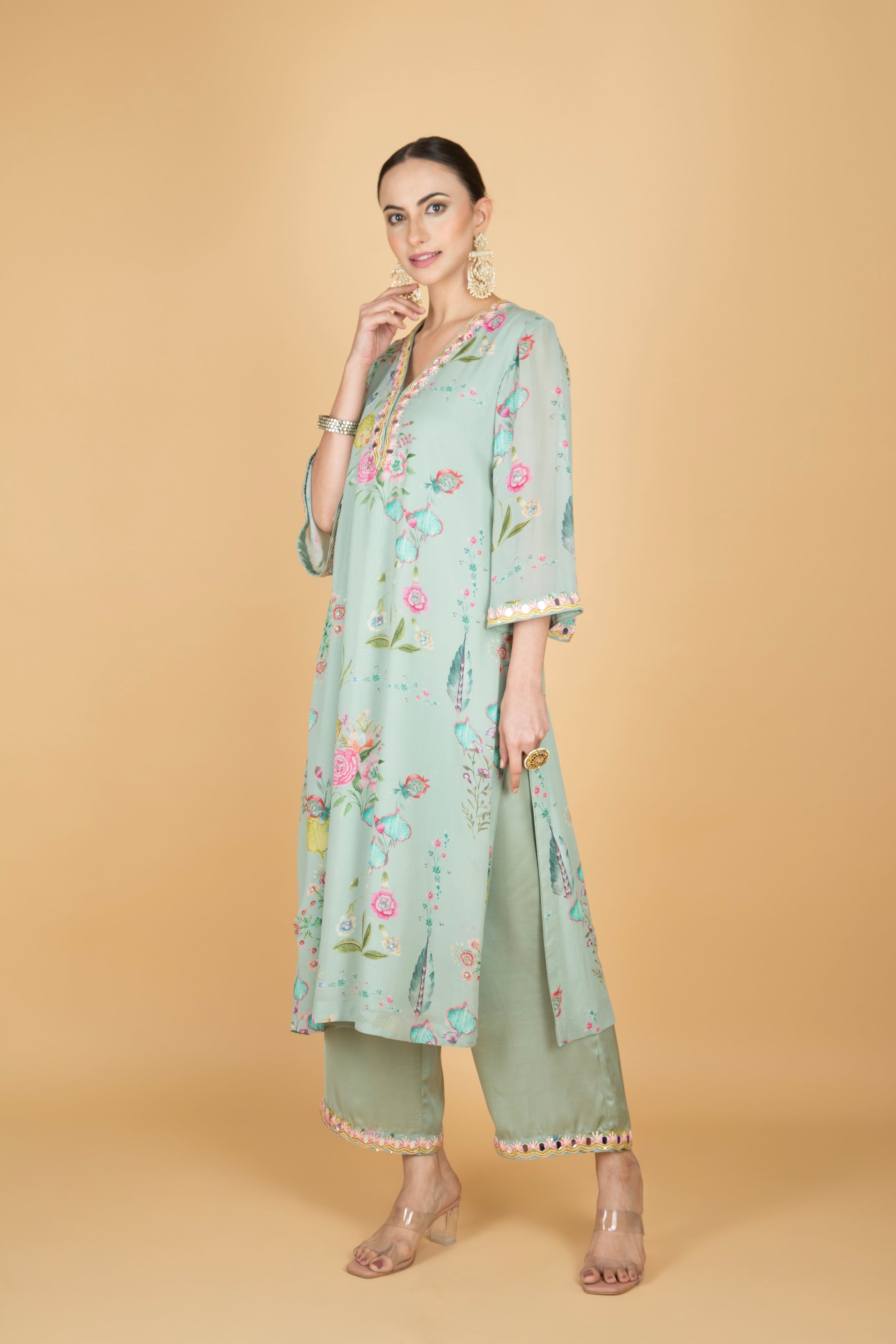 Green Floral Print Mirror Embroiderd Kurta With Pants & Dupatta