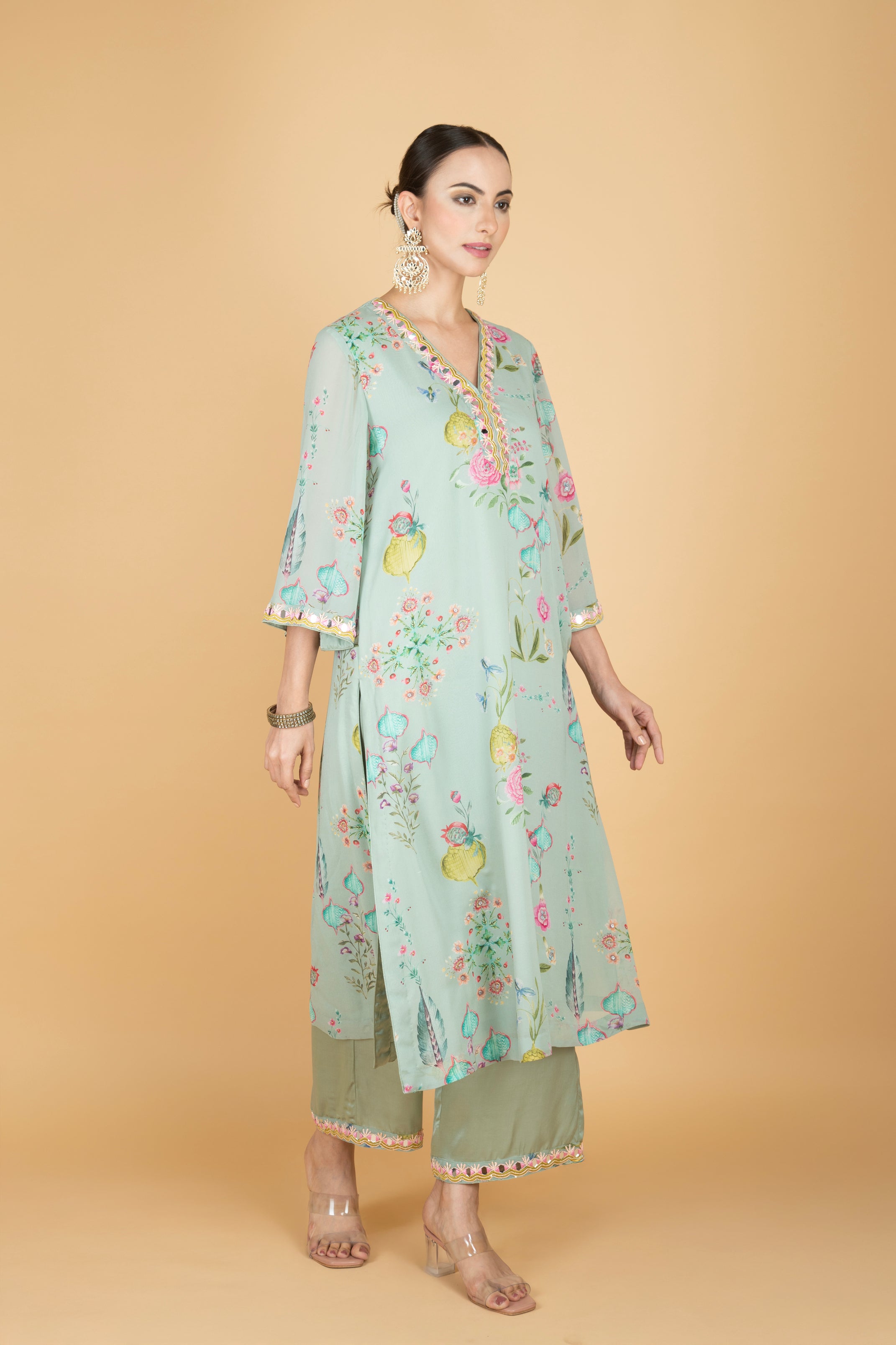 Green Floral Print Mirror Embroiderd Kurta With Pants & Dupatta