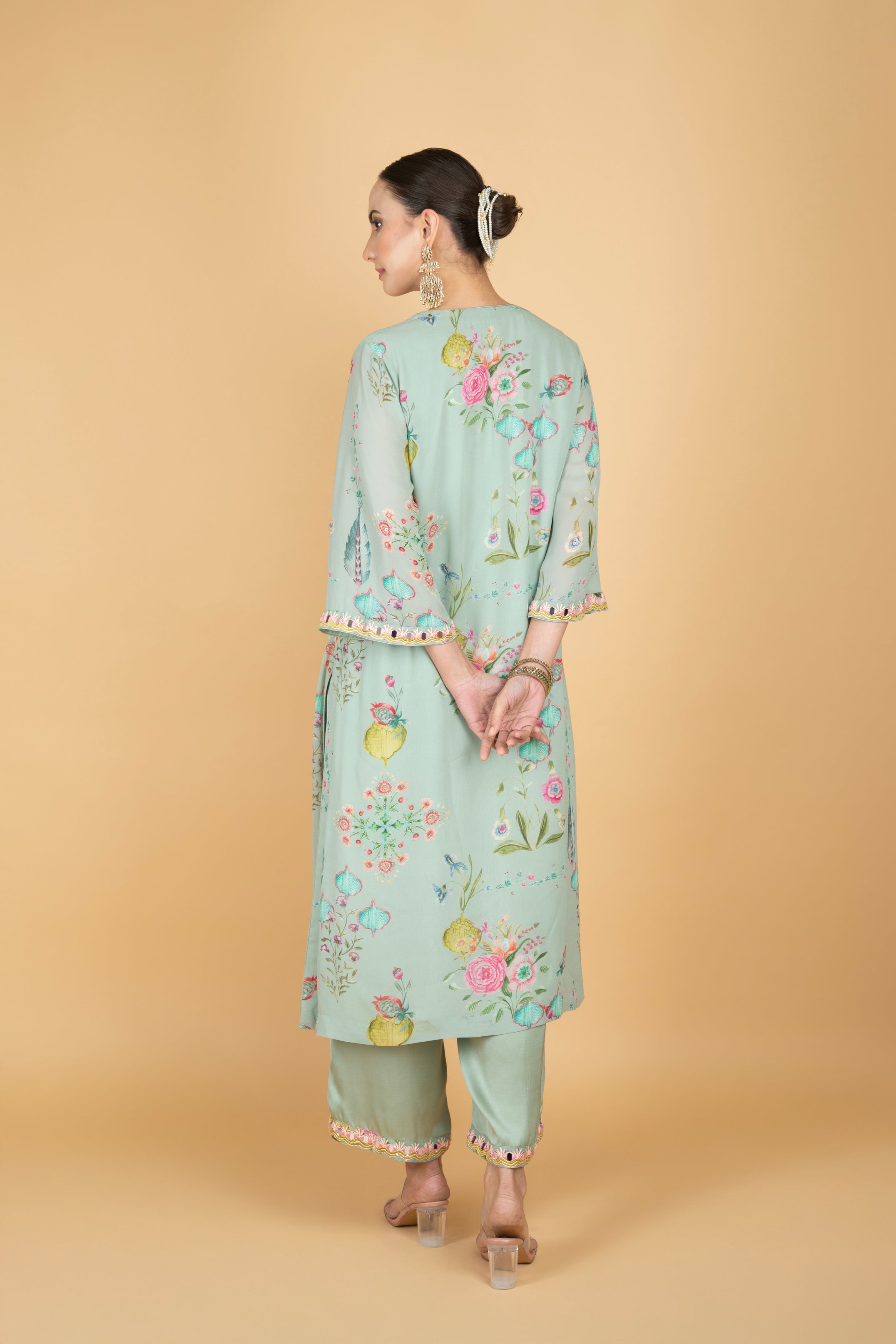 Green Floral Print Mirror Embroiderd Kurta With Pants & Dupatta