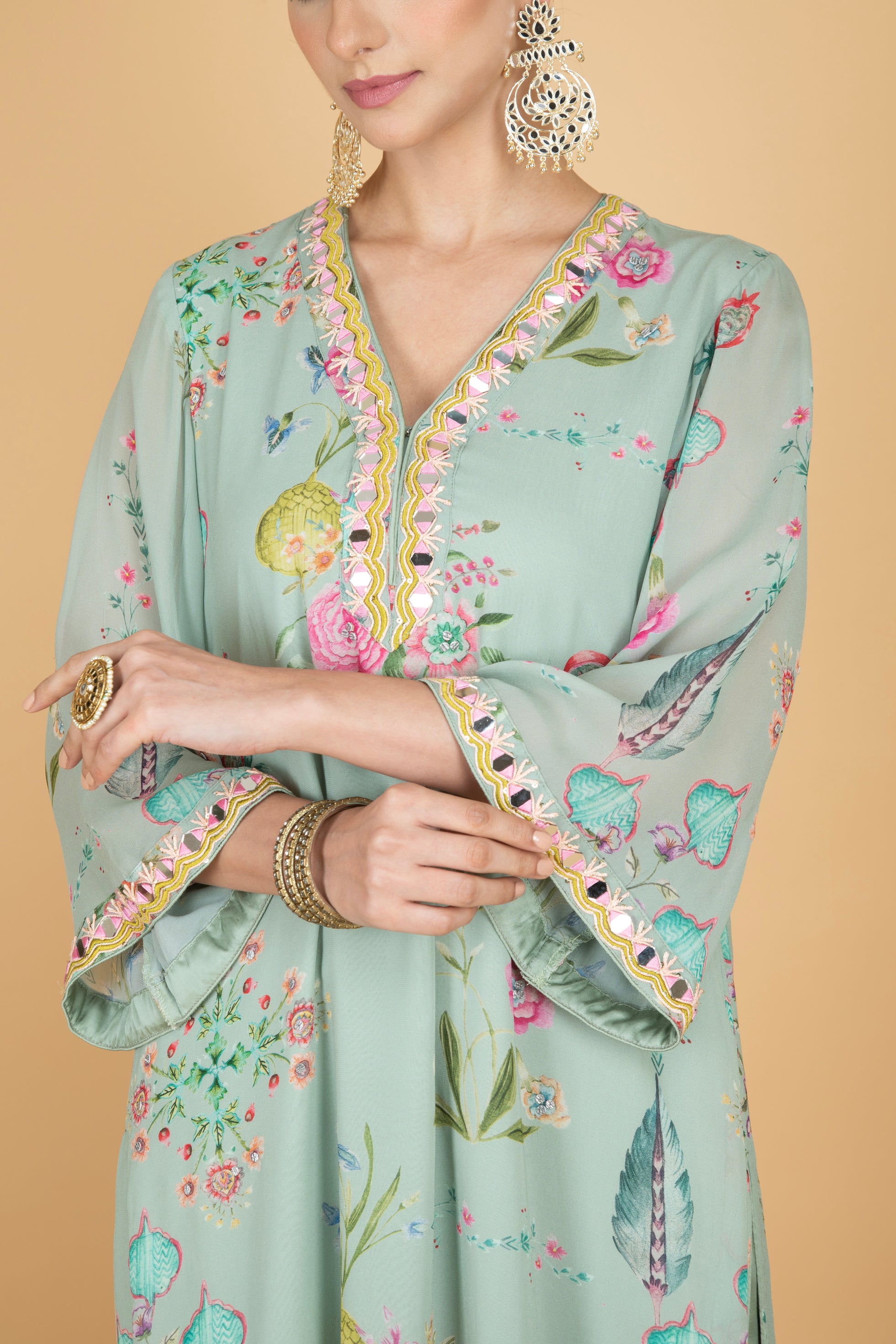 Green Floral Print Mirror Embroiderd Kurta With Pants & Dupatta