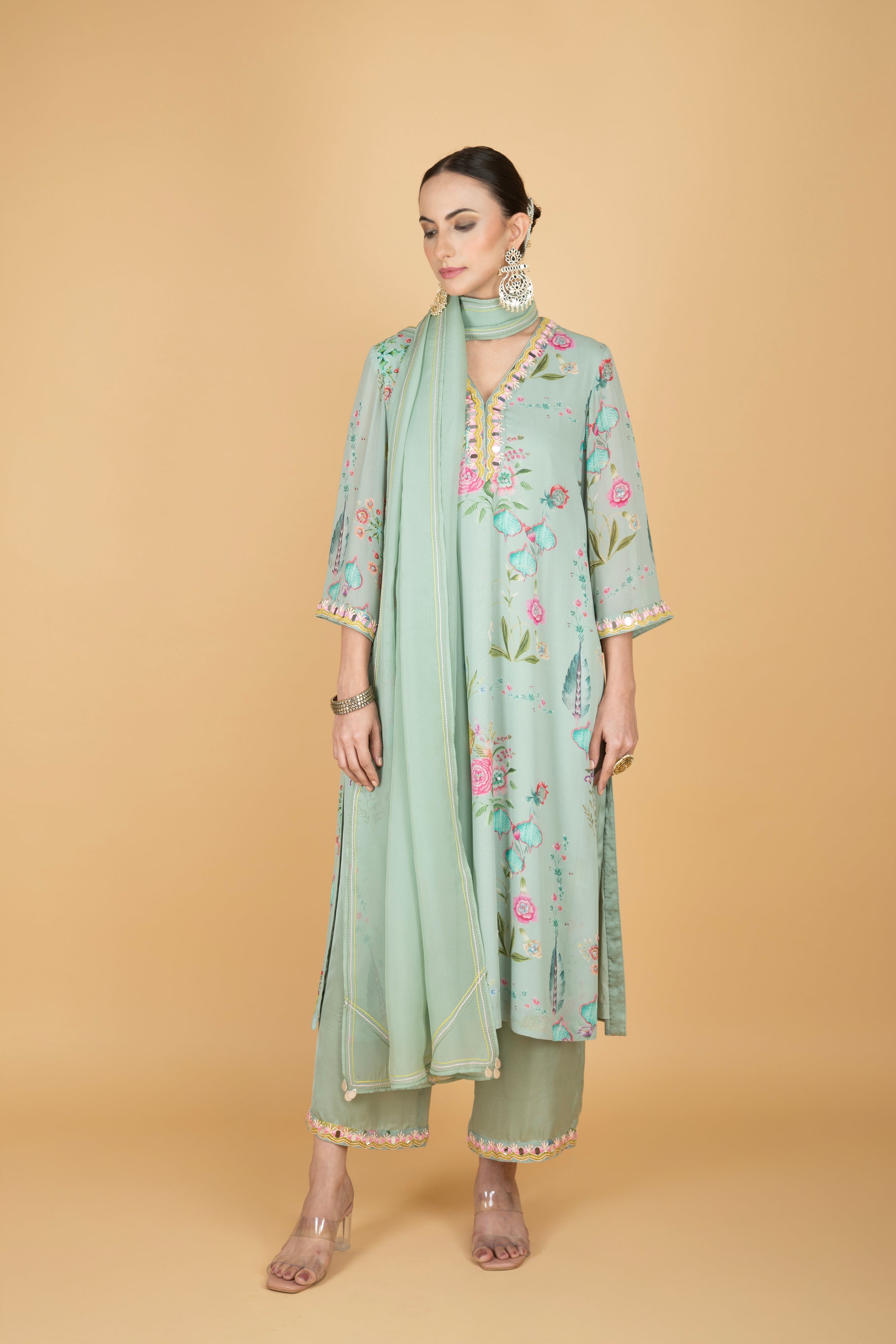 Green Floral Print Mirror Embroiderd Kurta With Pants & Dupatta