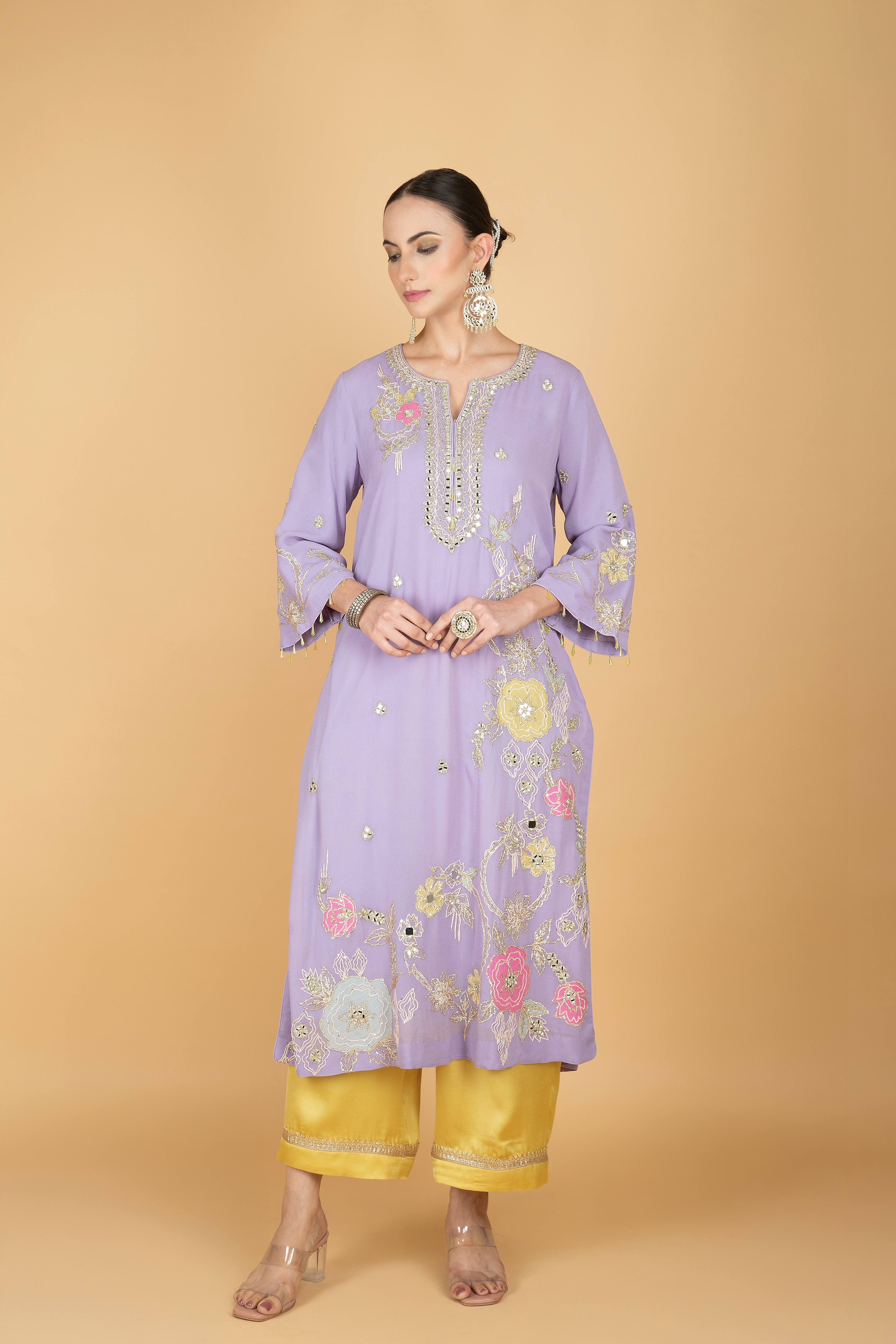 Purple Embroidered Kurta W/Contrasting Pant & Shaded Dupatta