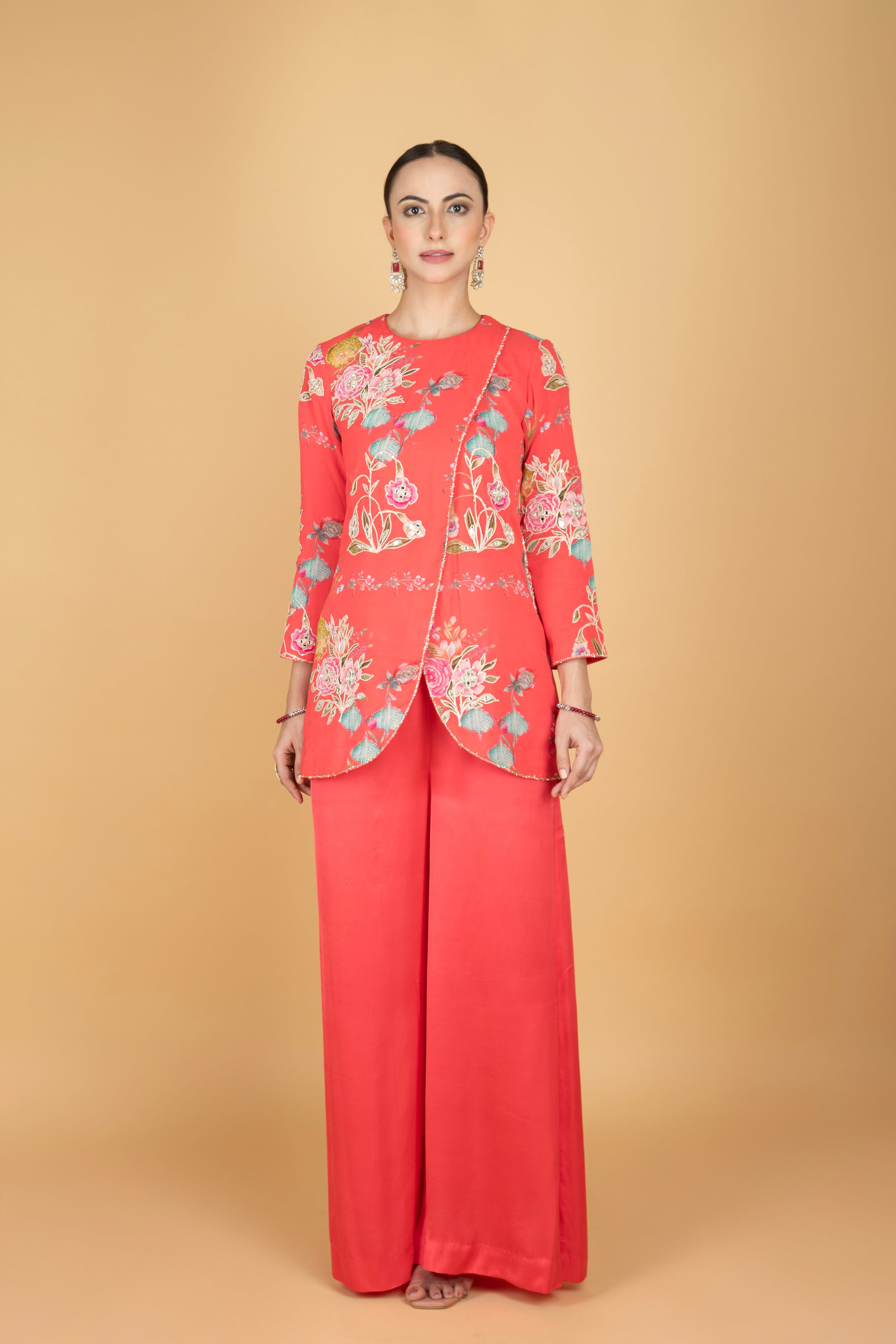 Coral Pink Floral Print Embroidered Overlay Top W/Pants