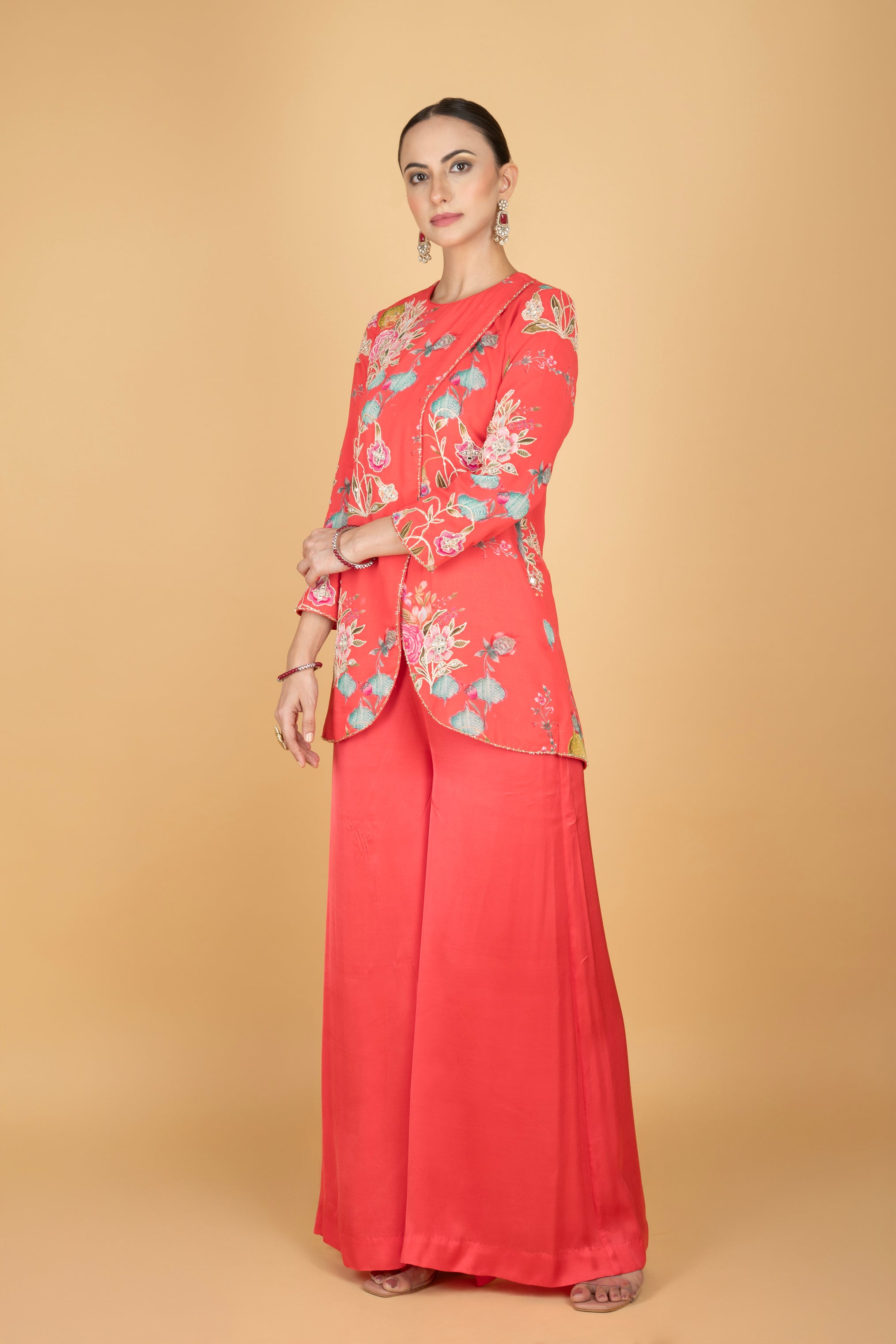 Coral Pink Floral Print Embroidered Overlay Top W/Pants