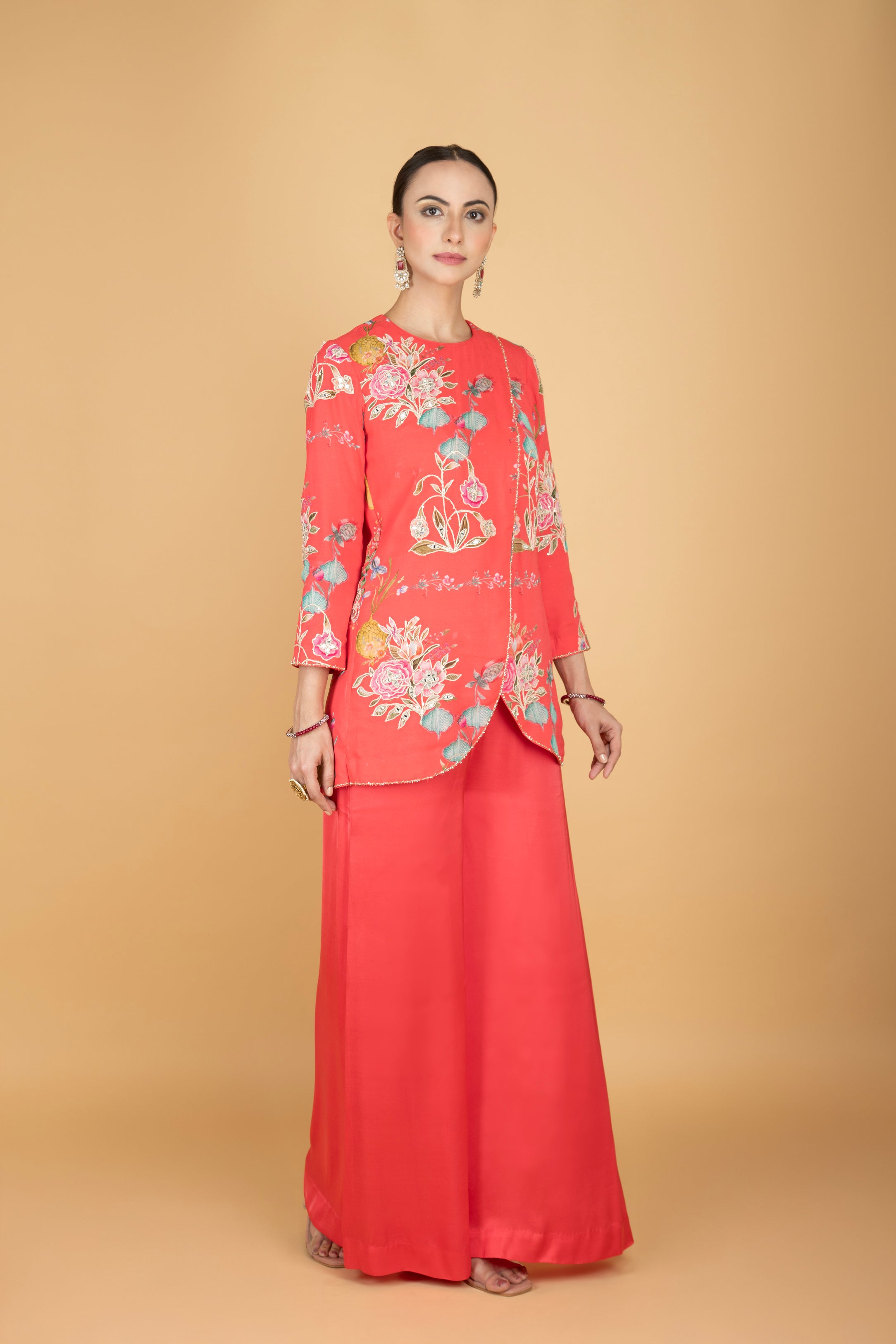 Coral Pink Floral Print Embroidered Overlay Top W/Pants