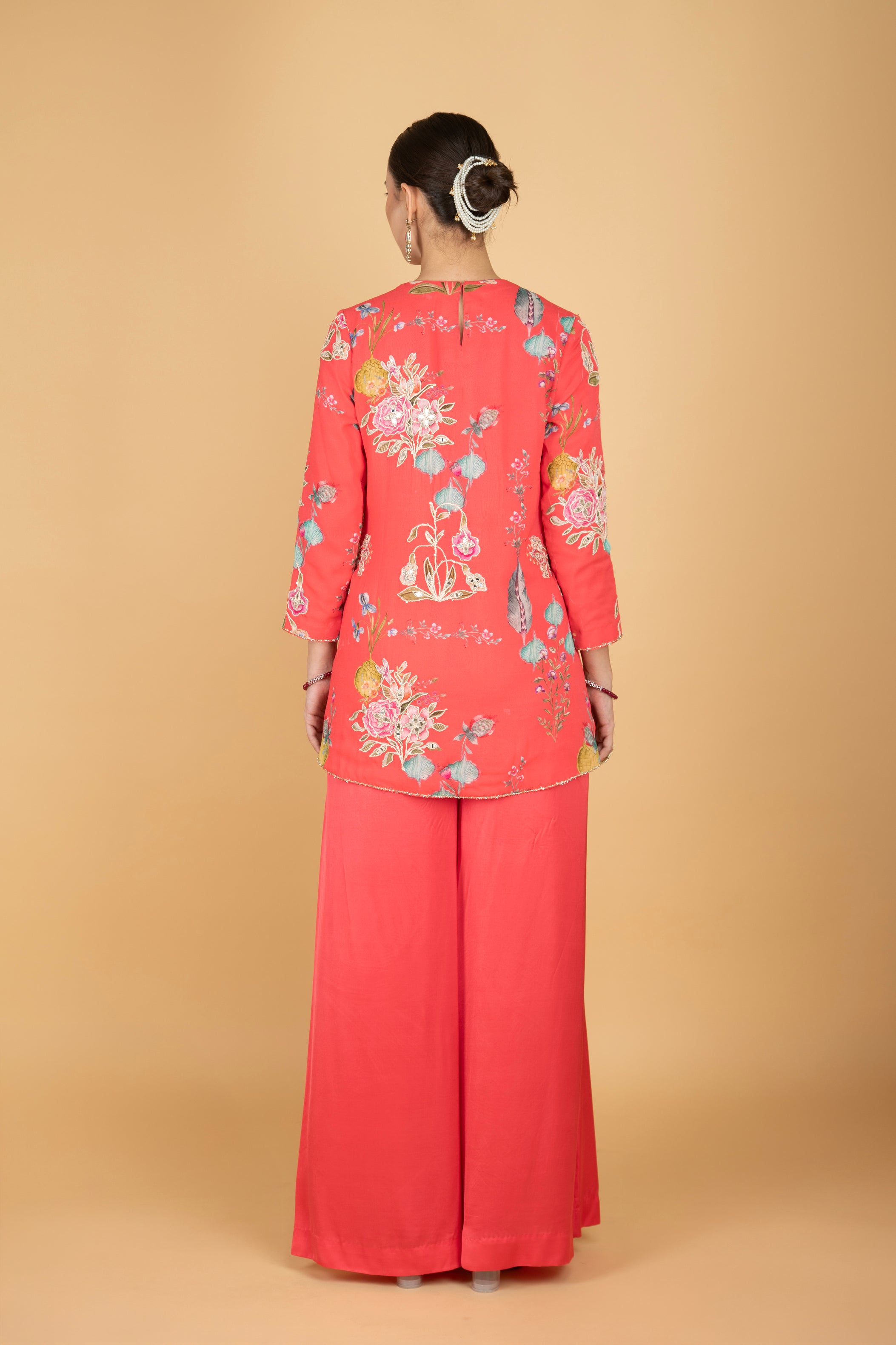 Coral Pink Floral Print Embroidered Overlay Top W/Pants