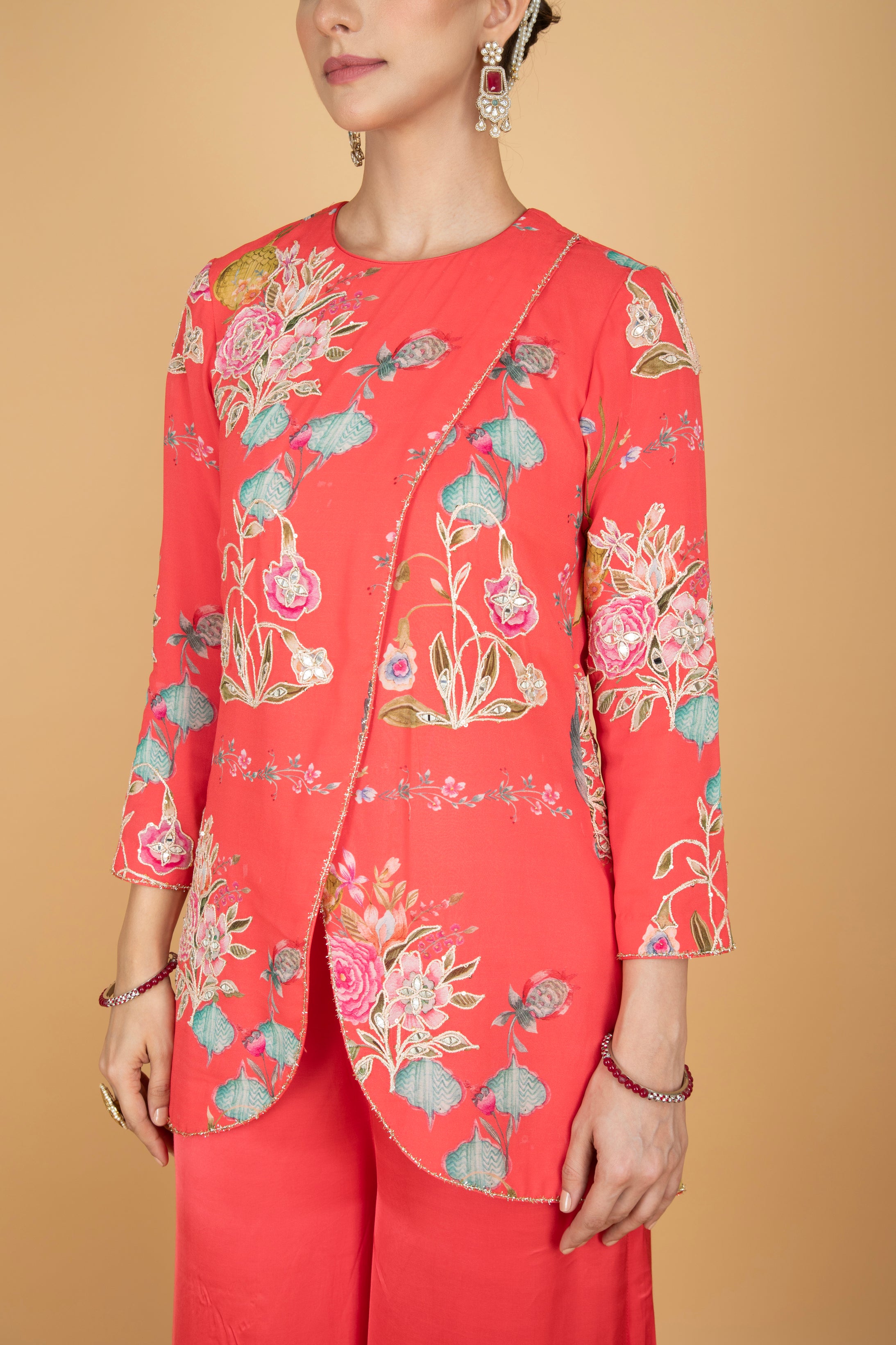 Coral Pink Floral Print Embroidered Overlay Top W/Pants