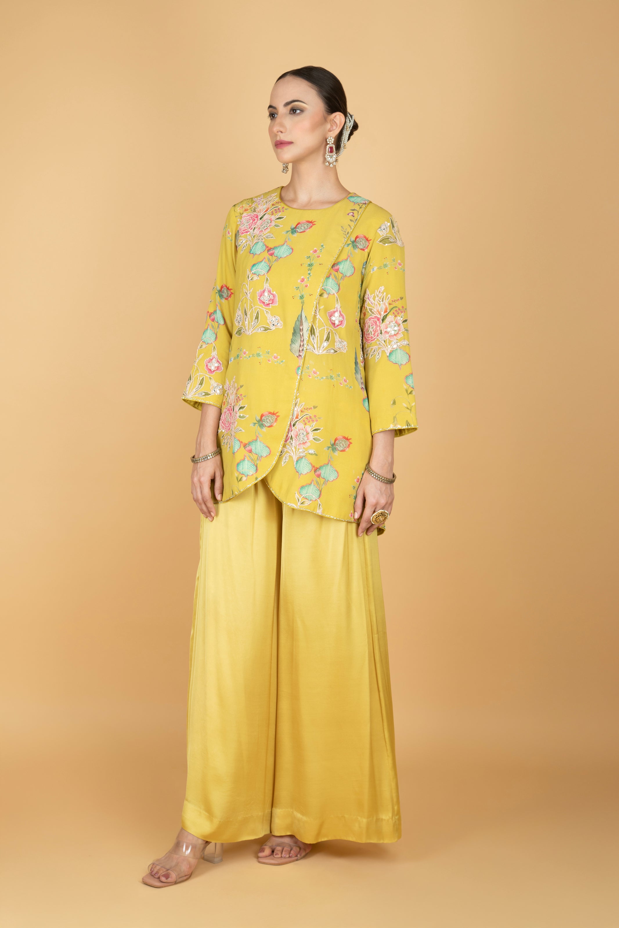 Lemon Yellow Floral Print Embroidered Overlay Top W/Pants