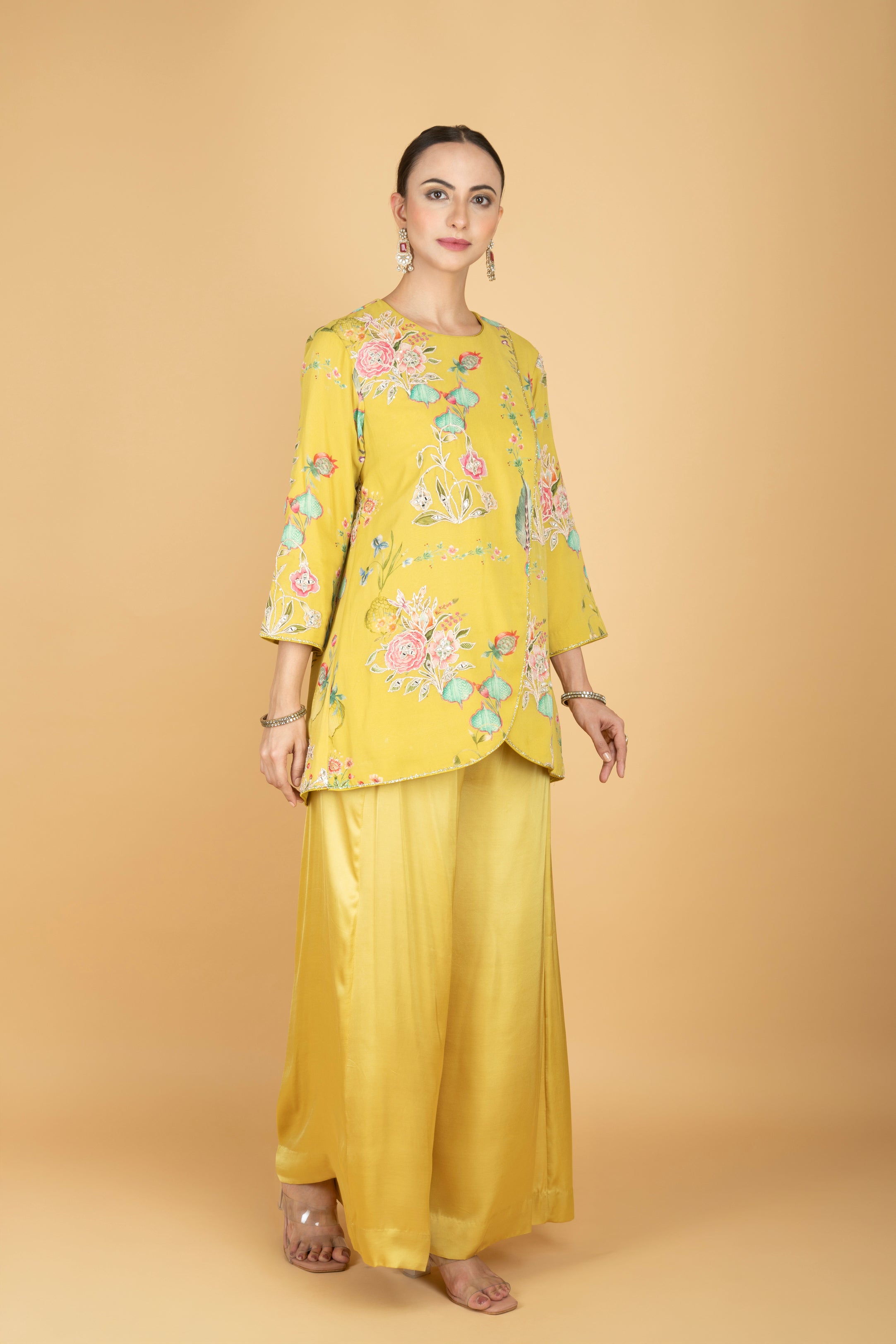 Lemon Yellow Floral Print Embroidered Overlay Top W/Pants