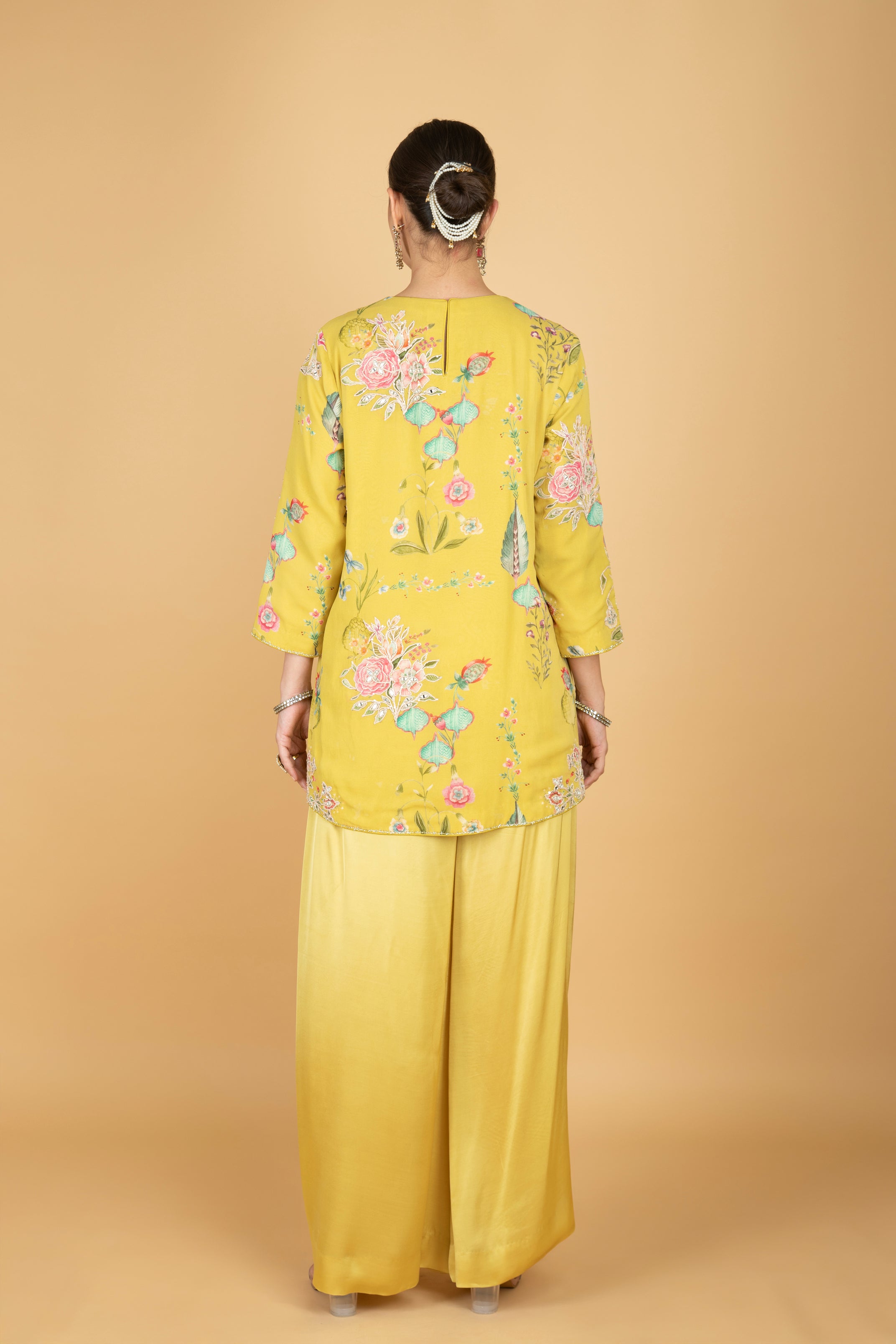 Lemon Yellow Floral Print Embroidered Overlay Top W/Pants