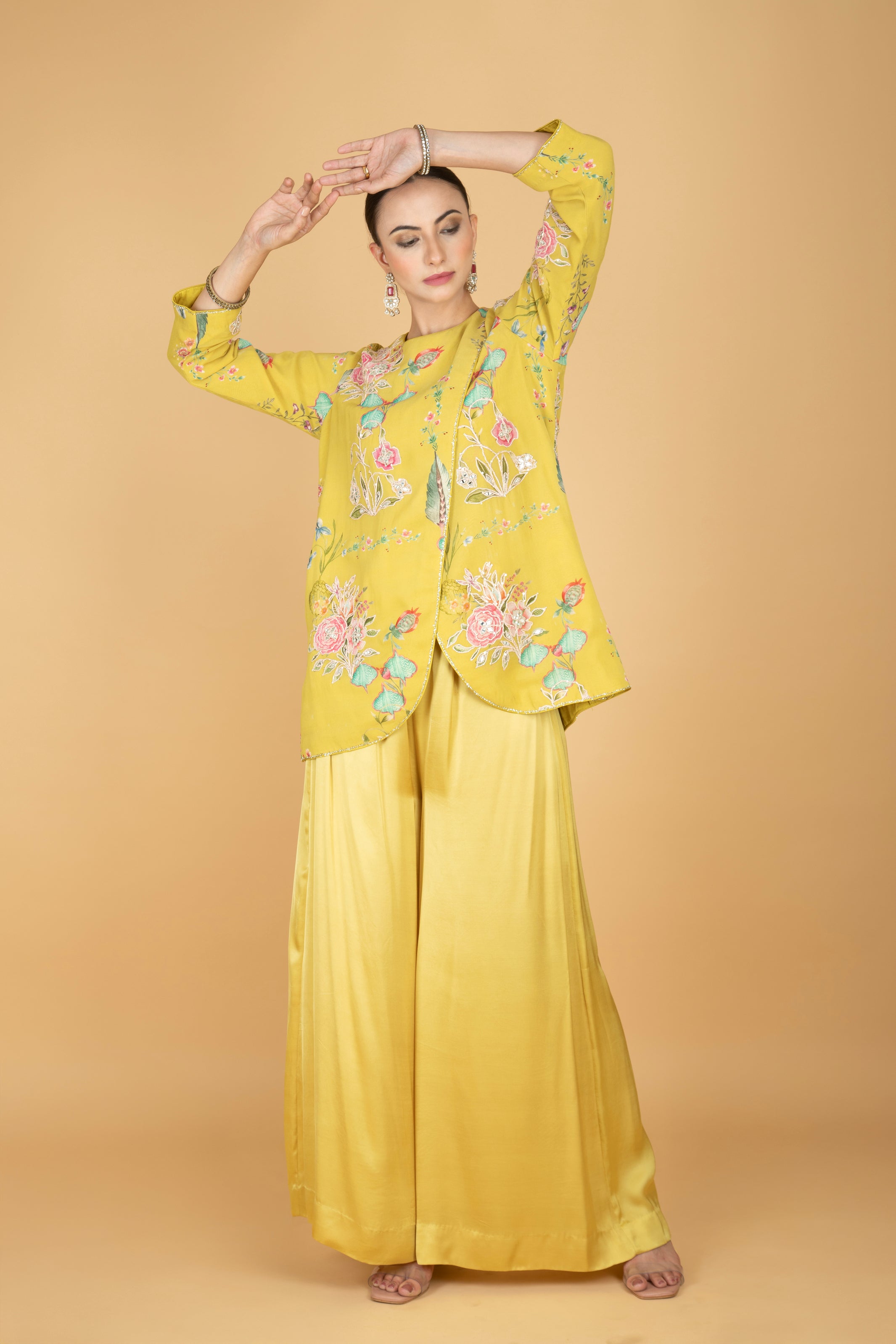 Lemon Yellow Floral Print Embroidered Overlay Top W/Pants