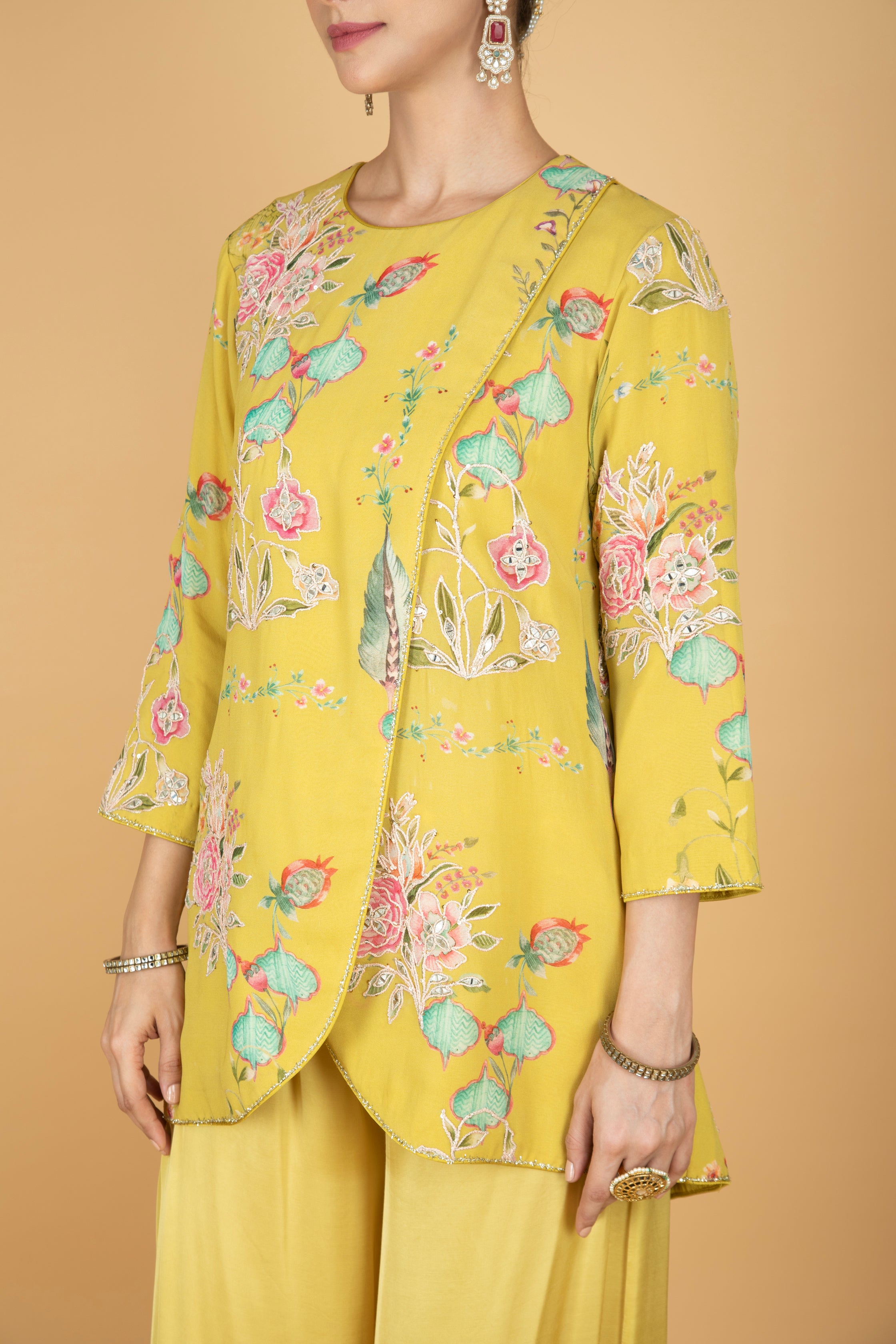 Lemon Yellow Floral Print Embroidered Overlay Top W/Pants