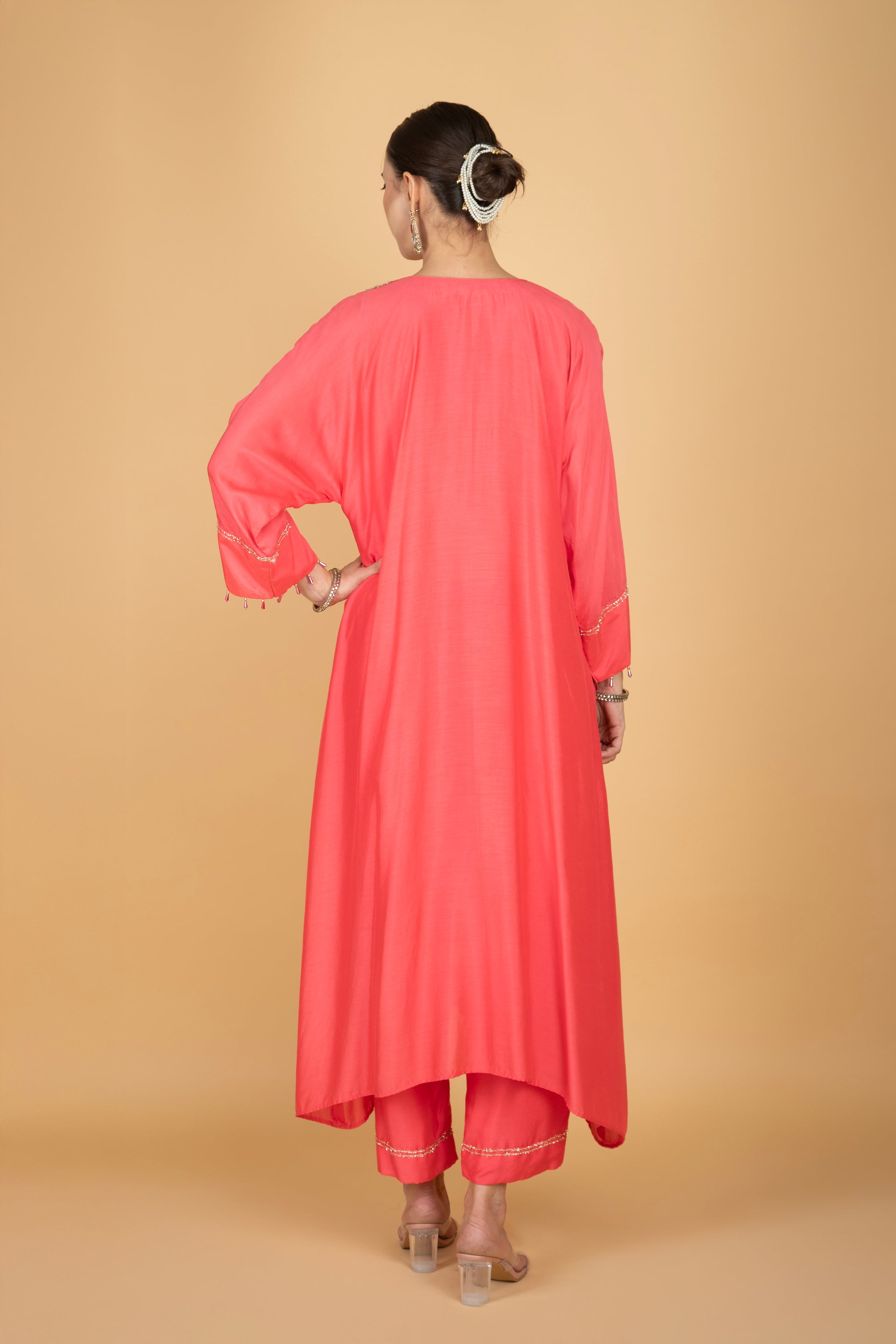 Coral Pink Embroidered Kaftaan Kurta With Pants