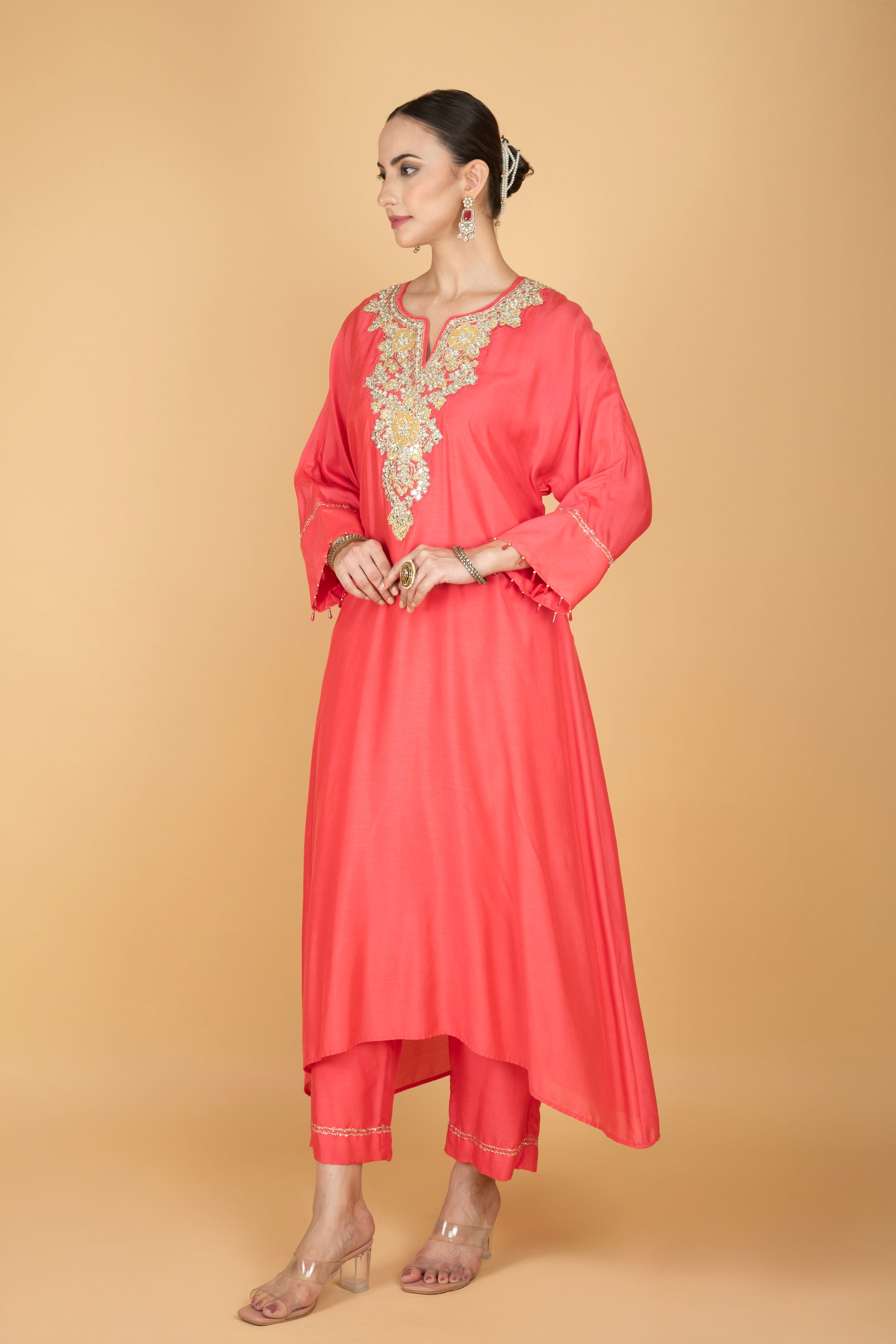 Coral Pink Embroidered Kaftaan Kurta With Pants