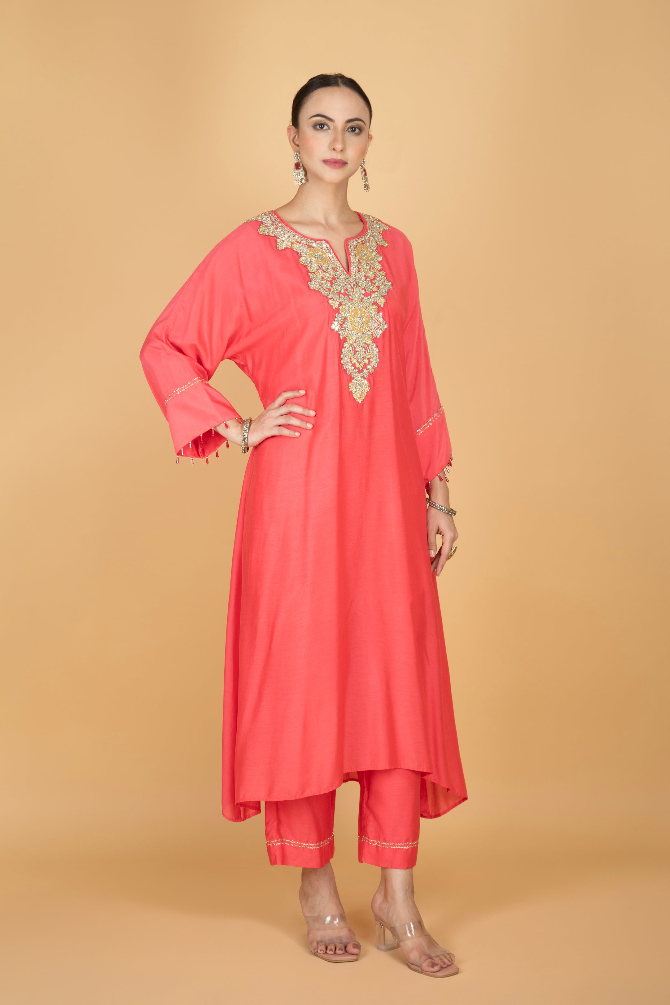 Coral Pink Embroidered Kaftaan Kurta With Pants