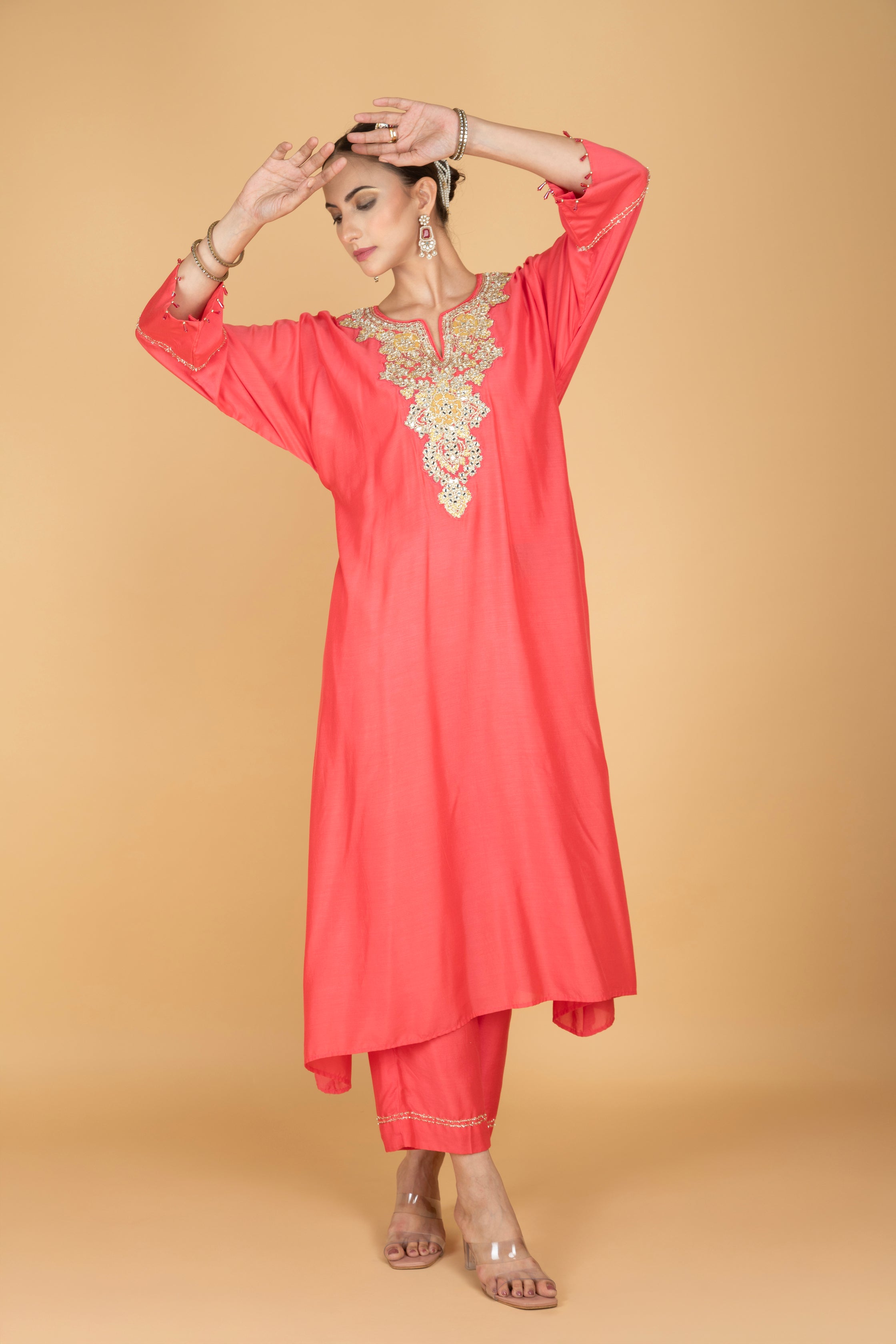 Coral Pink Embroidered Kaftaan Kurta With Pants