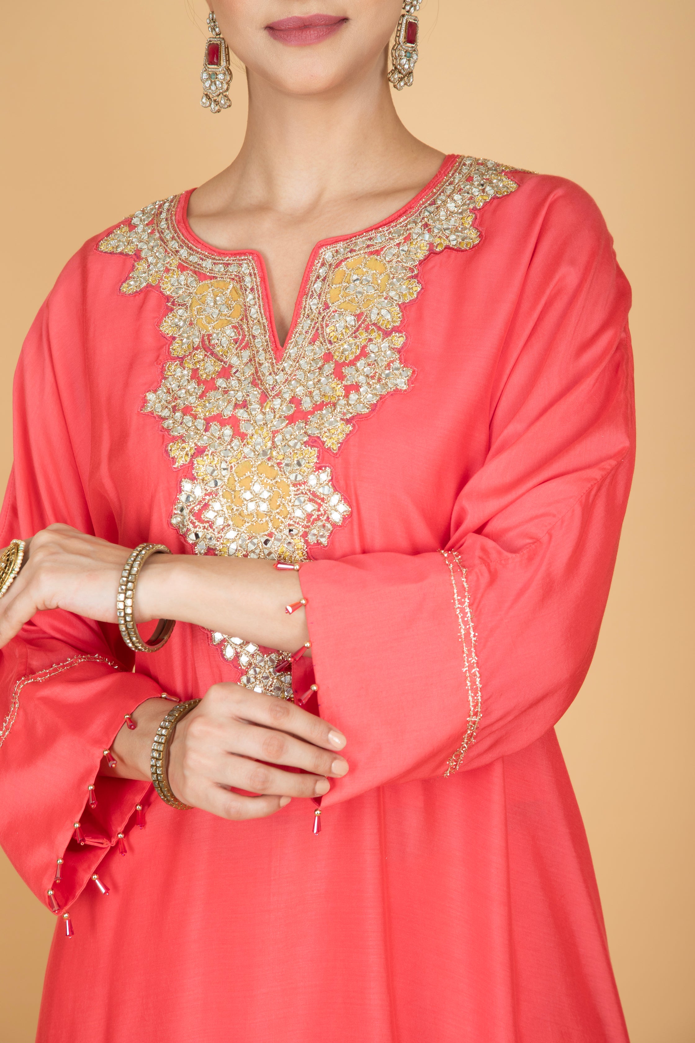 Coral Pink Embroidered Kaftaan Kurta With Pants