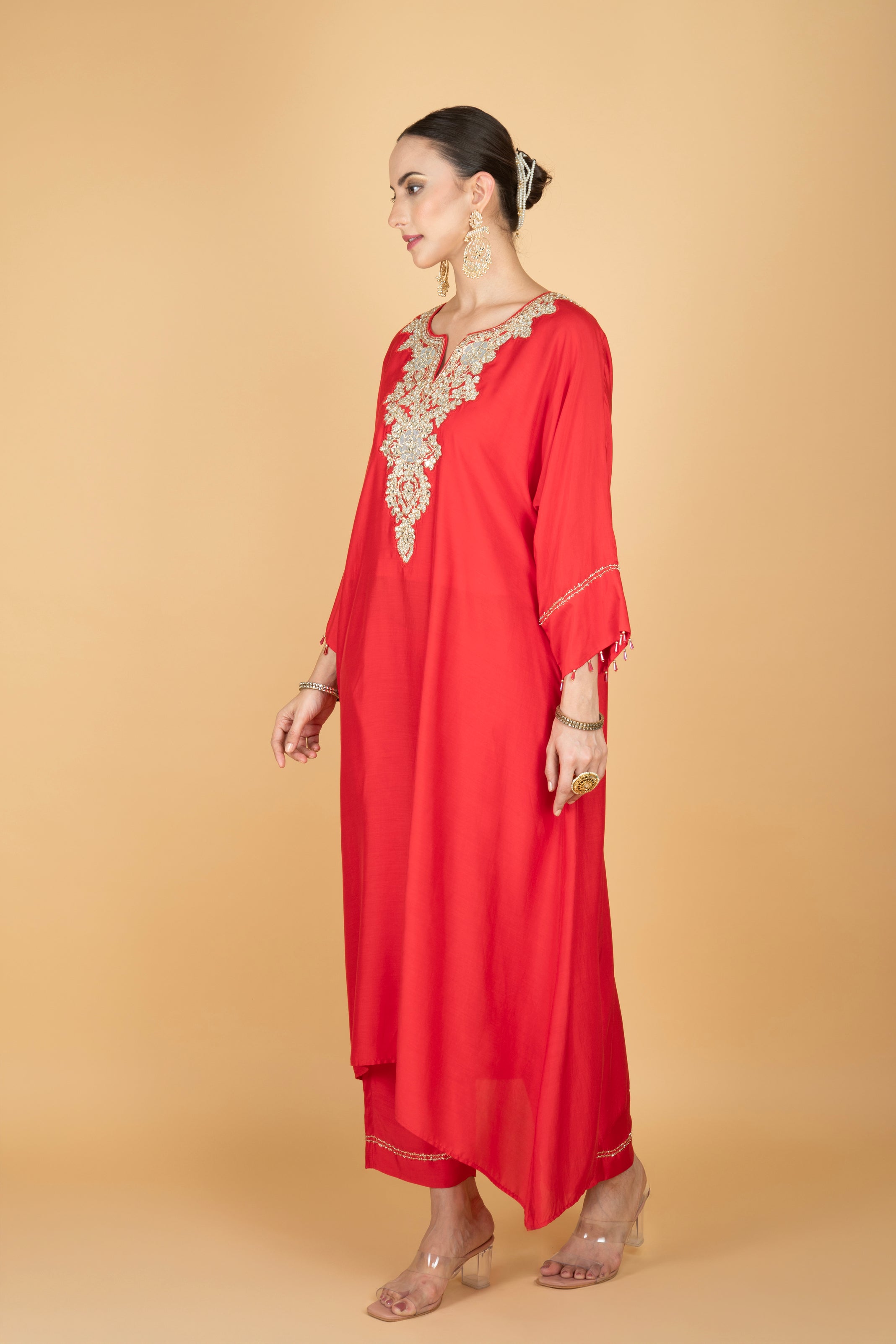 Red Embroidered Kaftaan Kurta With Pants