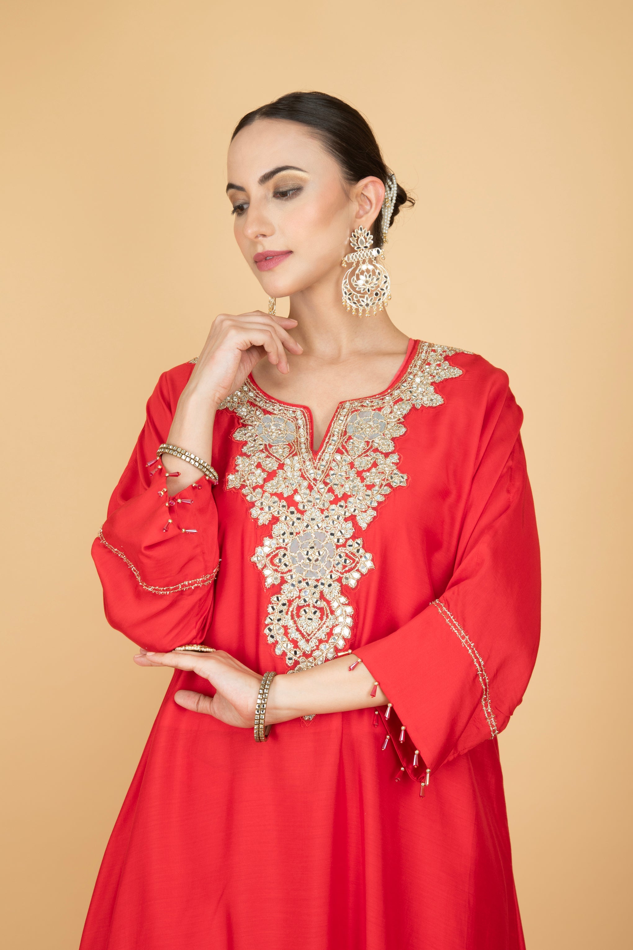 Red Embroidered Kaftaan Kurta With Pants