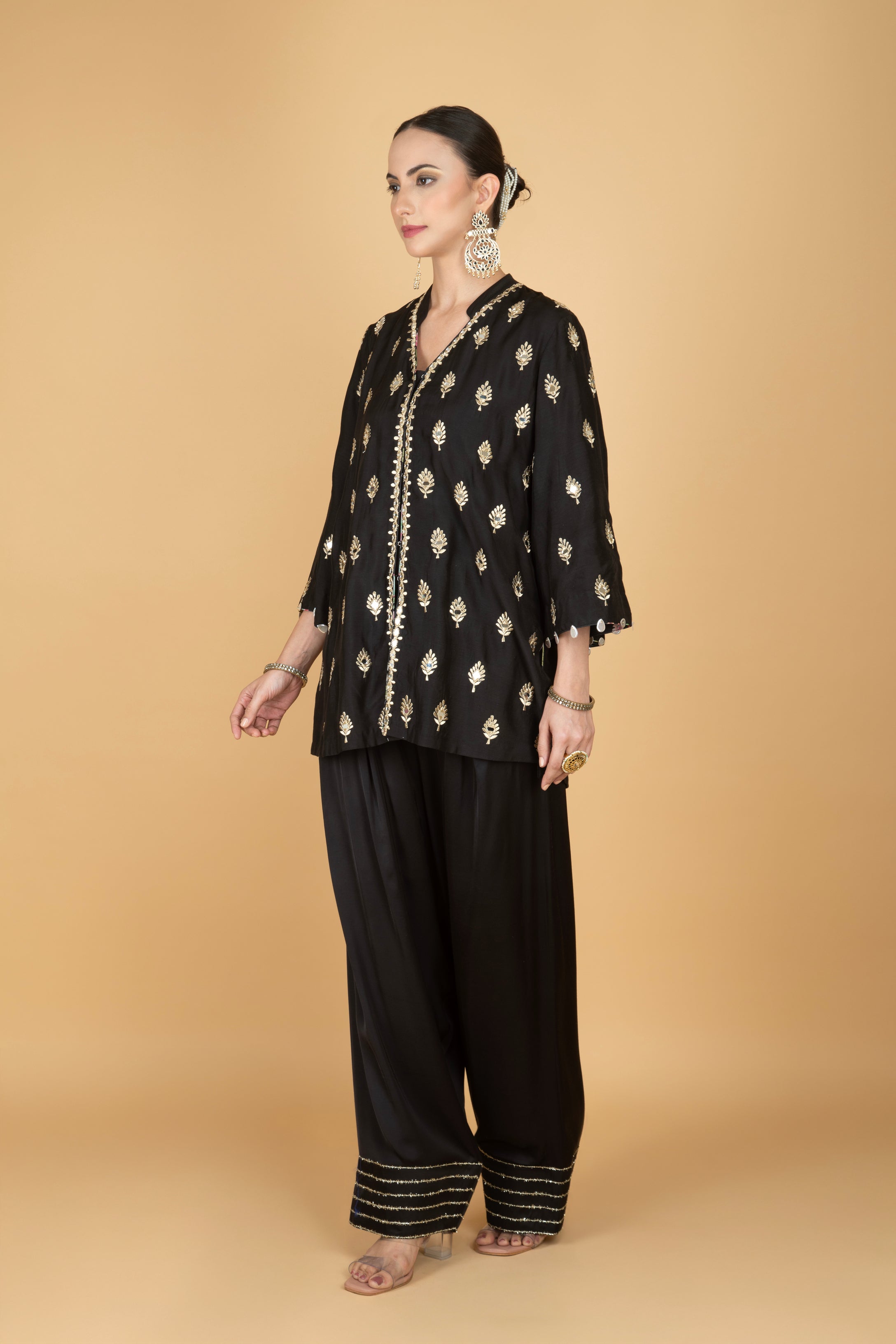 Black Mirror Butti Embroidered Short Kurta with Farsi Salwar & Printed Dupatta