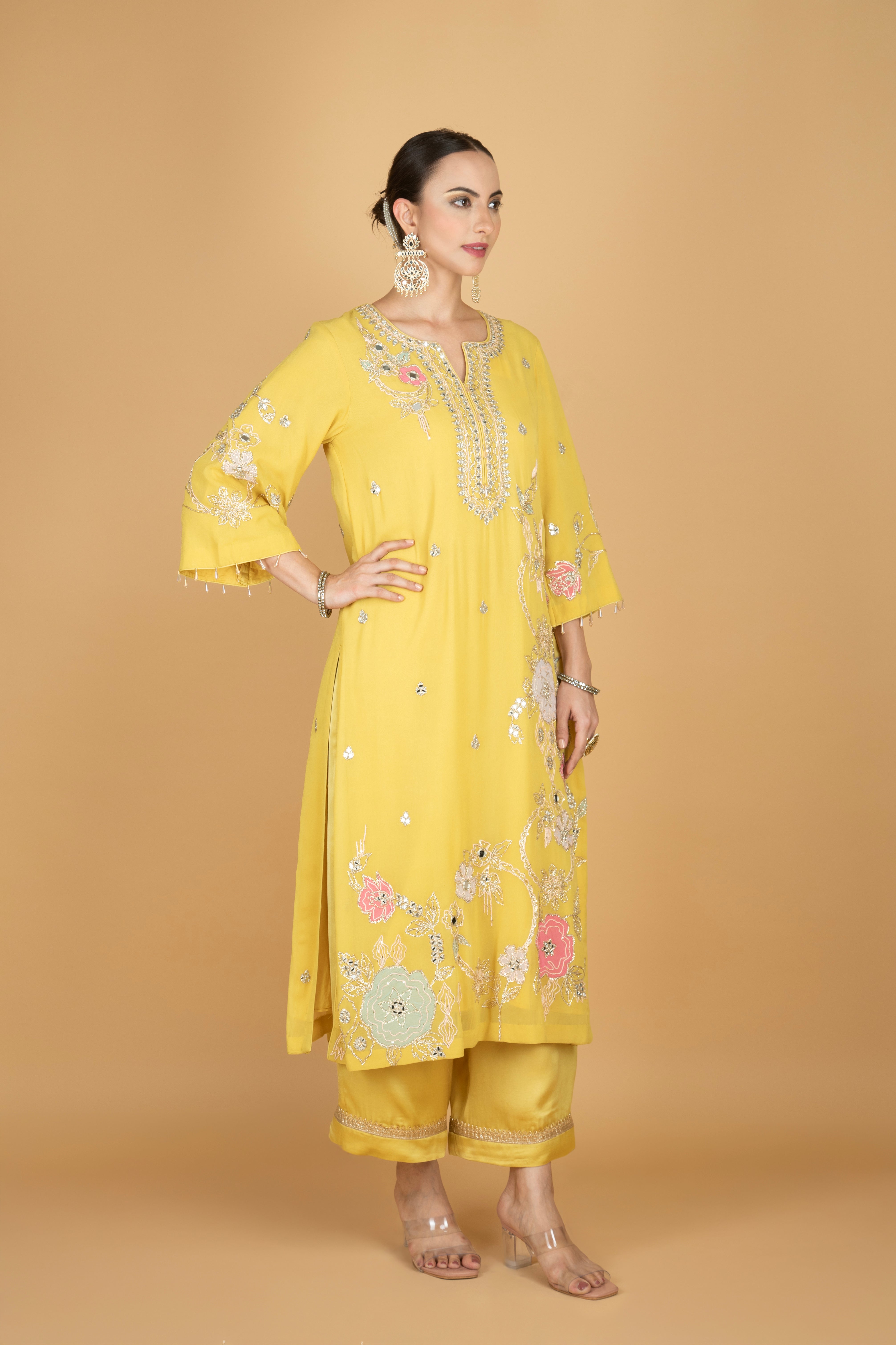 Lime Yellow Embroidered Kurta W/Pant & Dupatta