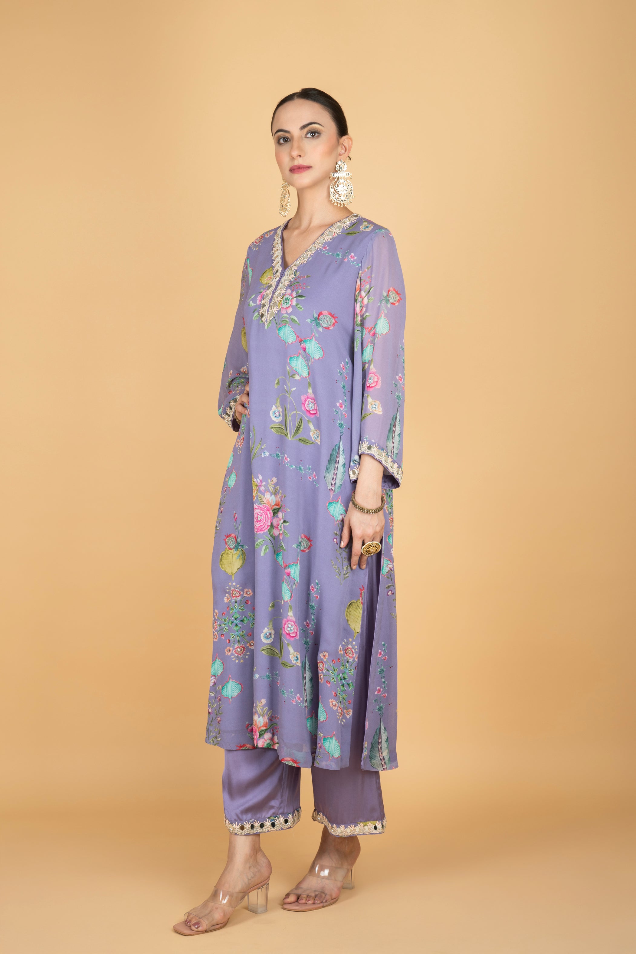 Purple Floral Print Mirror Embroiderd Kurta With Pants & Dupatta