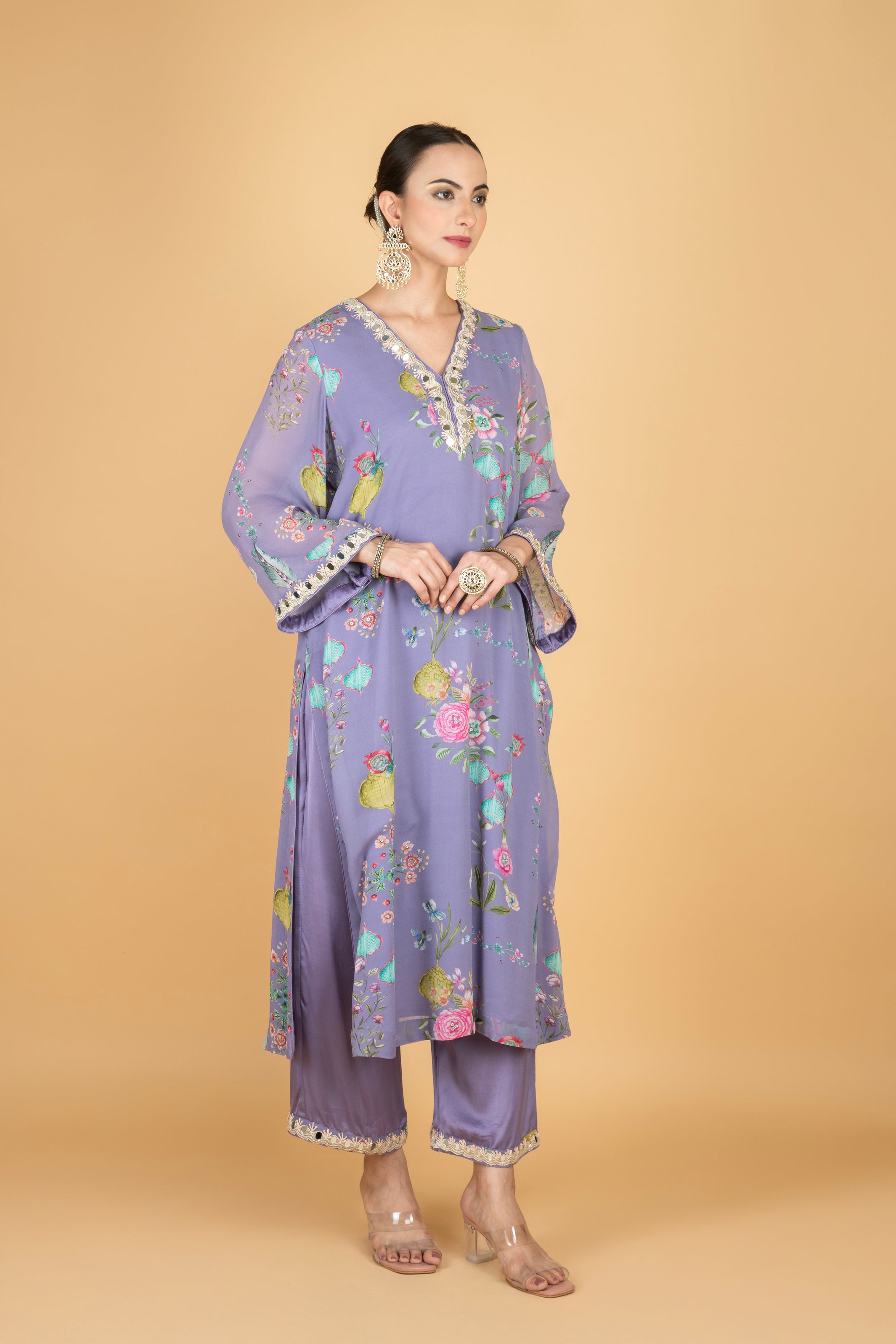 Purple Floral Print Mirror Embroiderd Kurta With Pants & Dupatta
