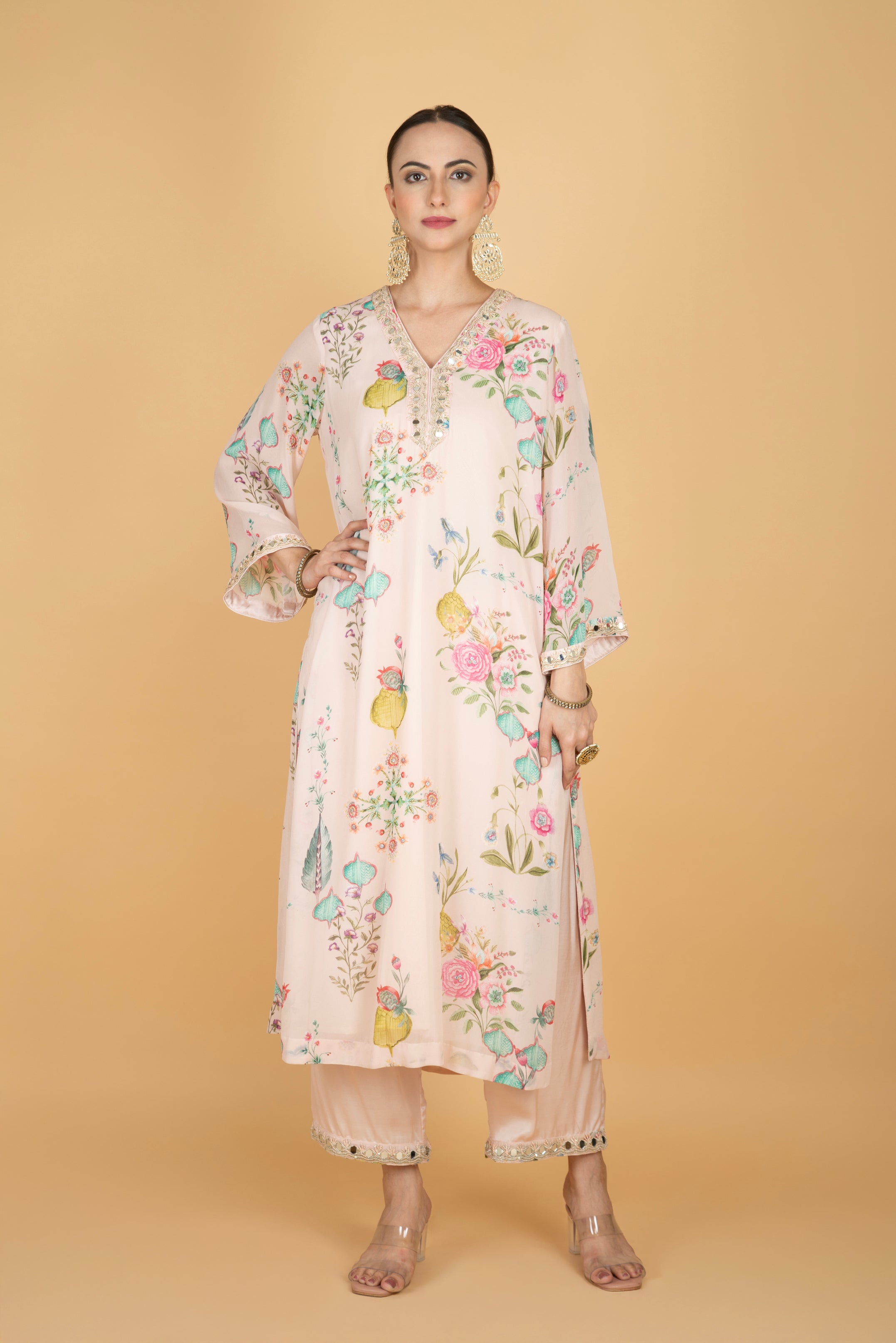 Nude Pink Floral Print Mirror Embroidered Kurta With Pants & Dupatta