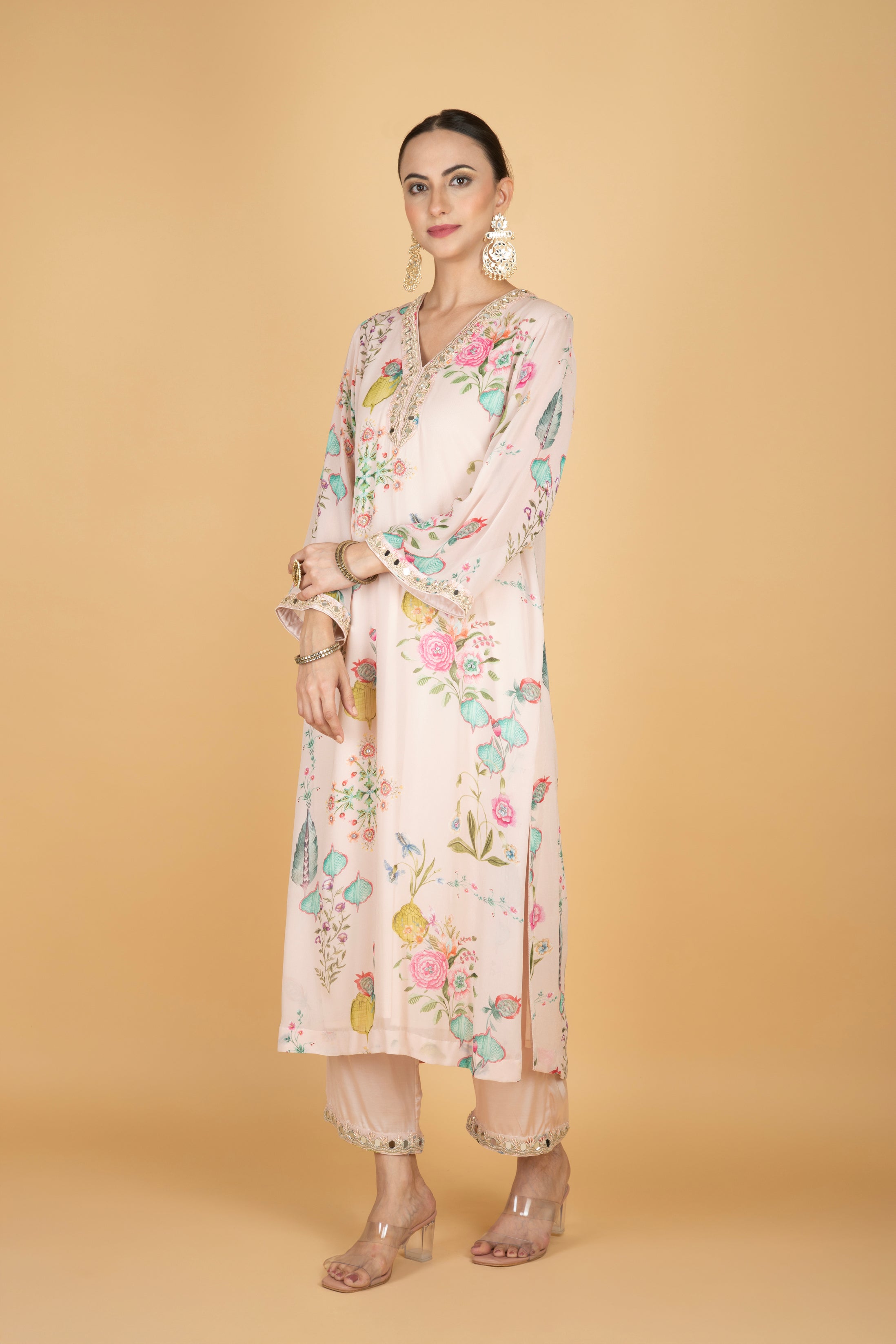 Nude Pink Floral Print Mirror Embroidered Kurta With Pants & Dupatta