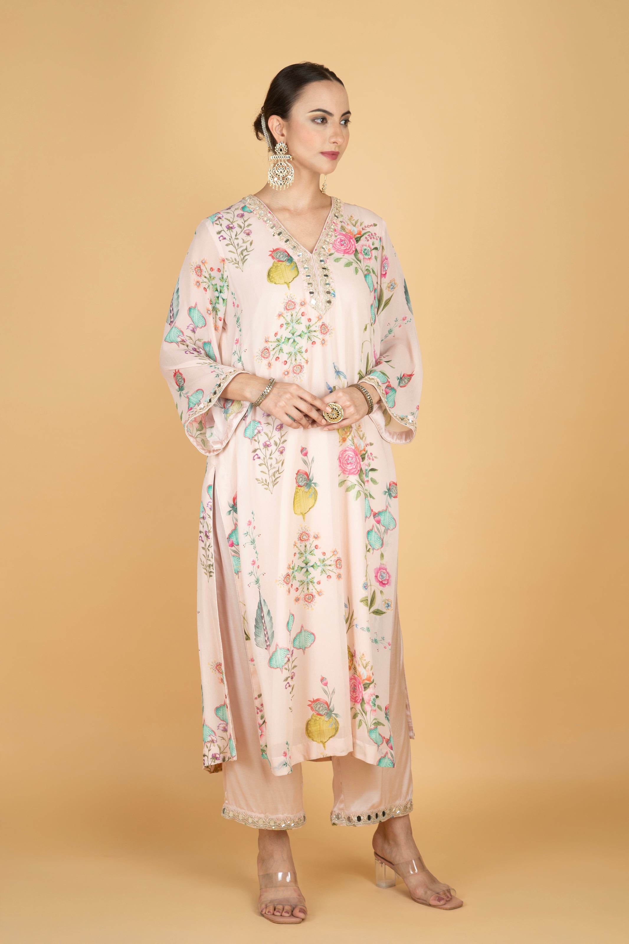 Nude Pink Floral Print Mirror Embroidered Kurta With Pants & Dupatta