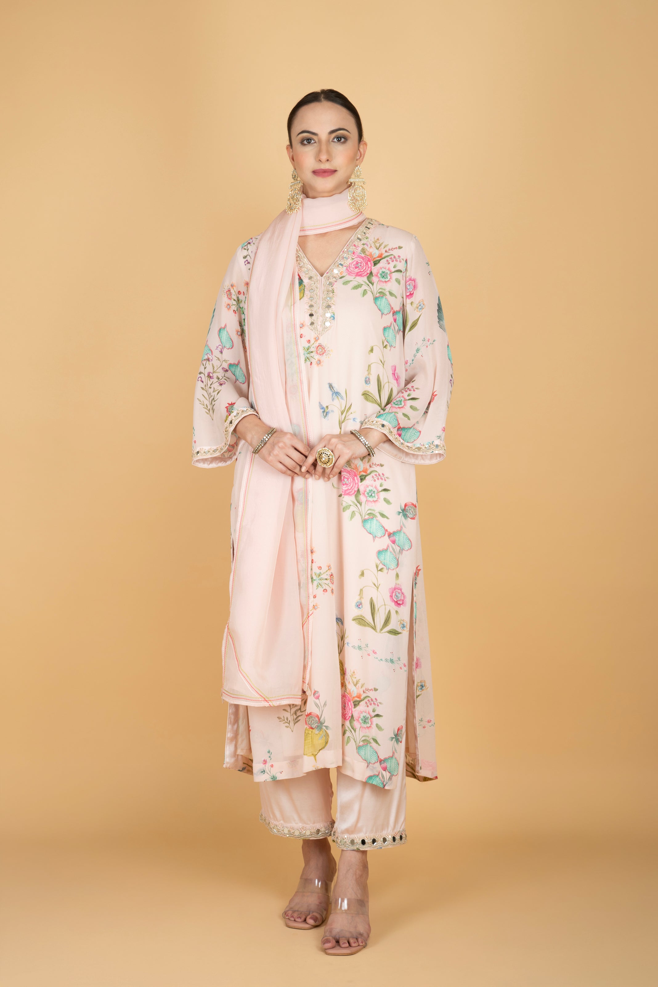 Nude Pink Floral Print Mirror Embroidered Kurta With Pants & Dupatta