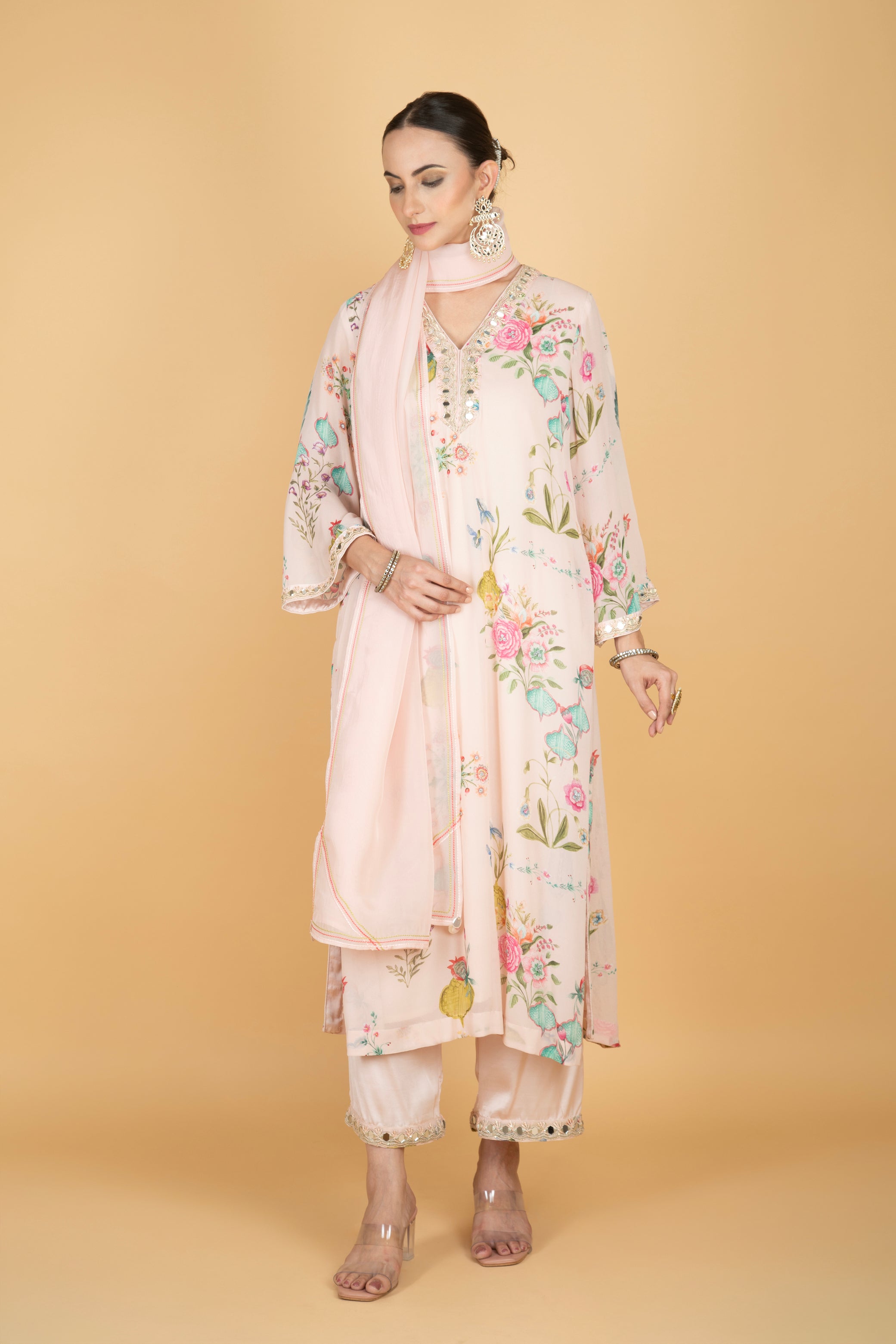Nude Pink Floral Print Mirror Embroidered Kurta With Pants & Dupatta