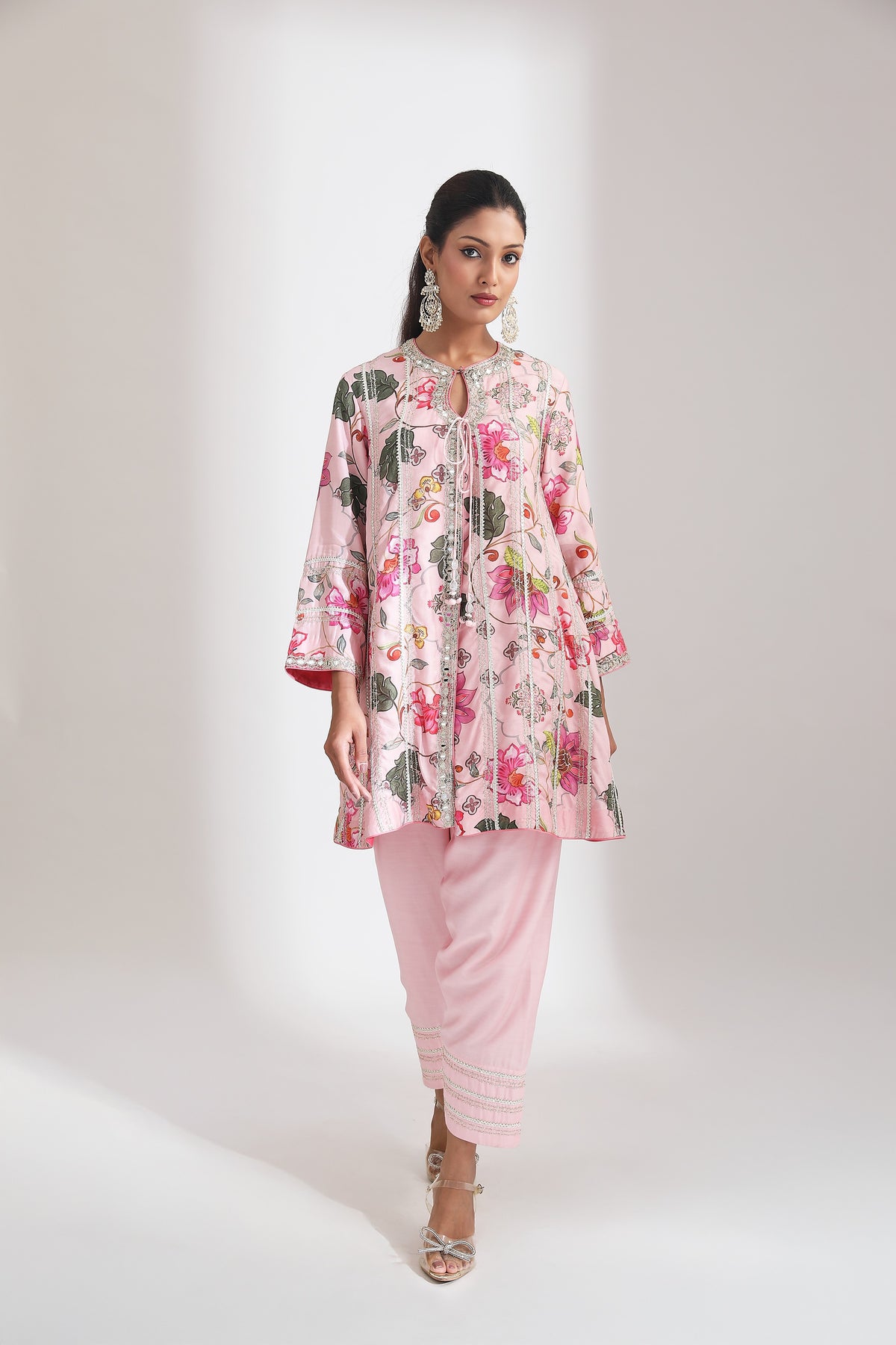 Pink Floral Printed Embroidered Angrakha with Solid Pants & Dupatta