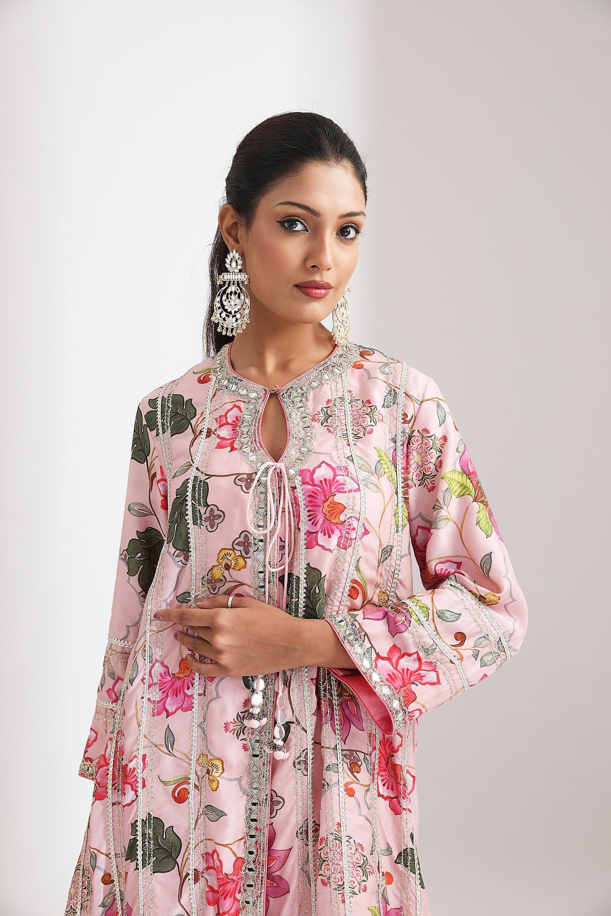 Pink Floral Printed Embroidered Angrakha with Solid Pants & Dupatta