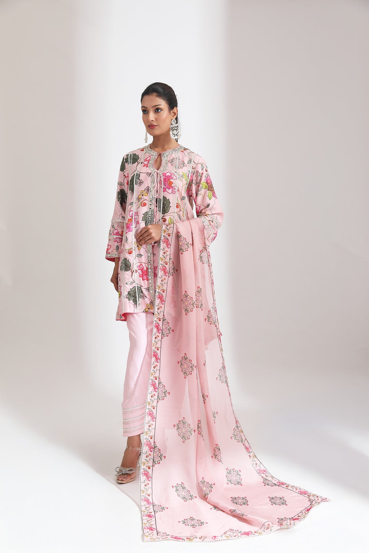 Pink Floral Printed Embroidered Angrakha with Solid Pants & Dupatta