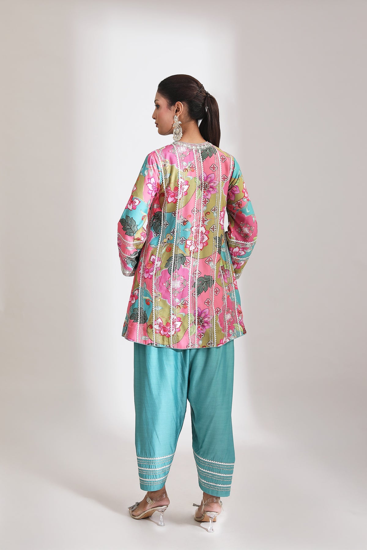 Multi-Color Floral Printed Embroidered Angrakha Paired with Solid Pants & Dupatta