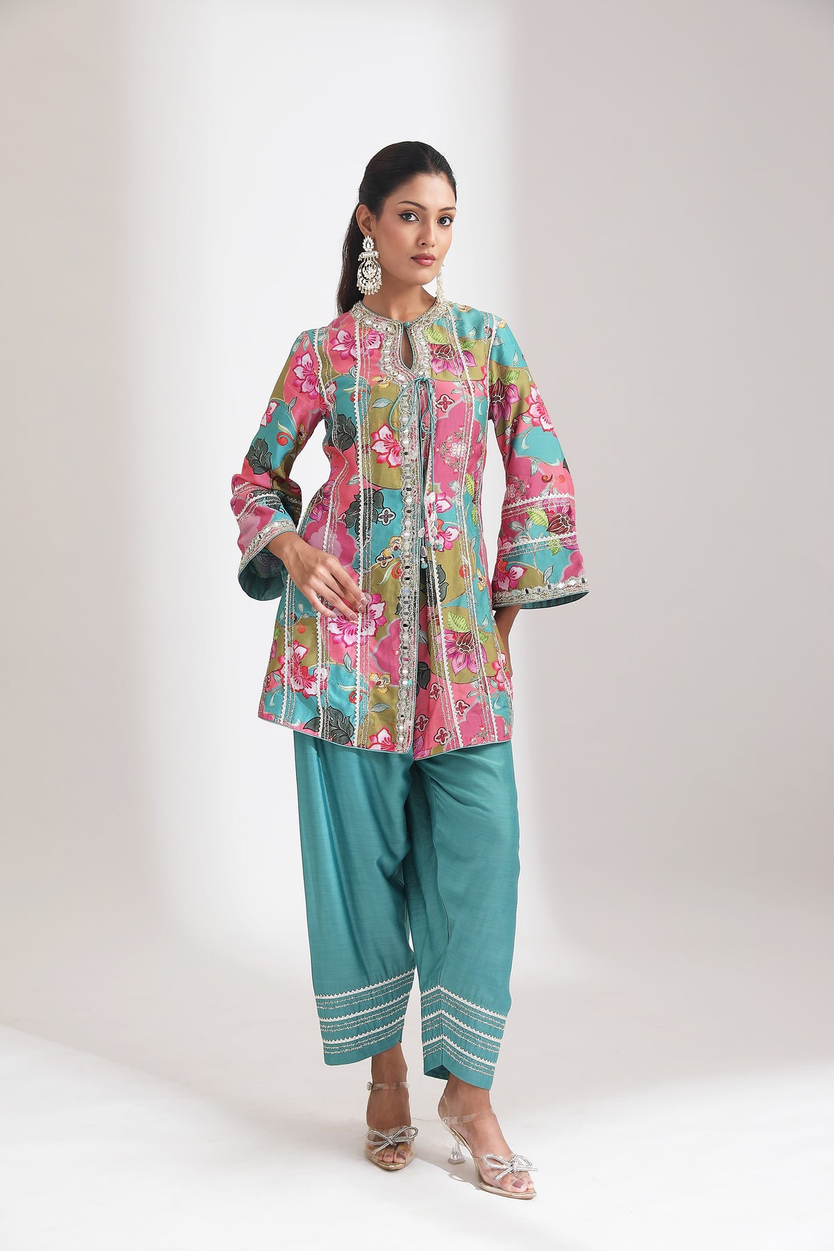 Multi-Color Floral Printed Embroidered Angrakha Paired with Solid Pants & Dupatta