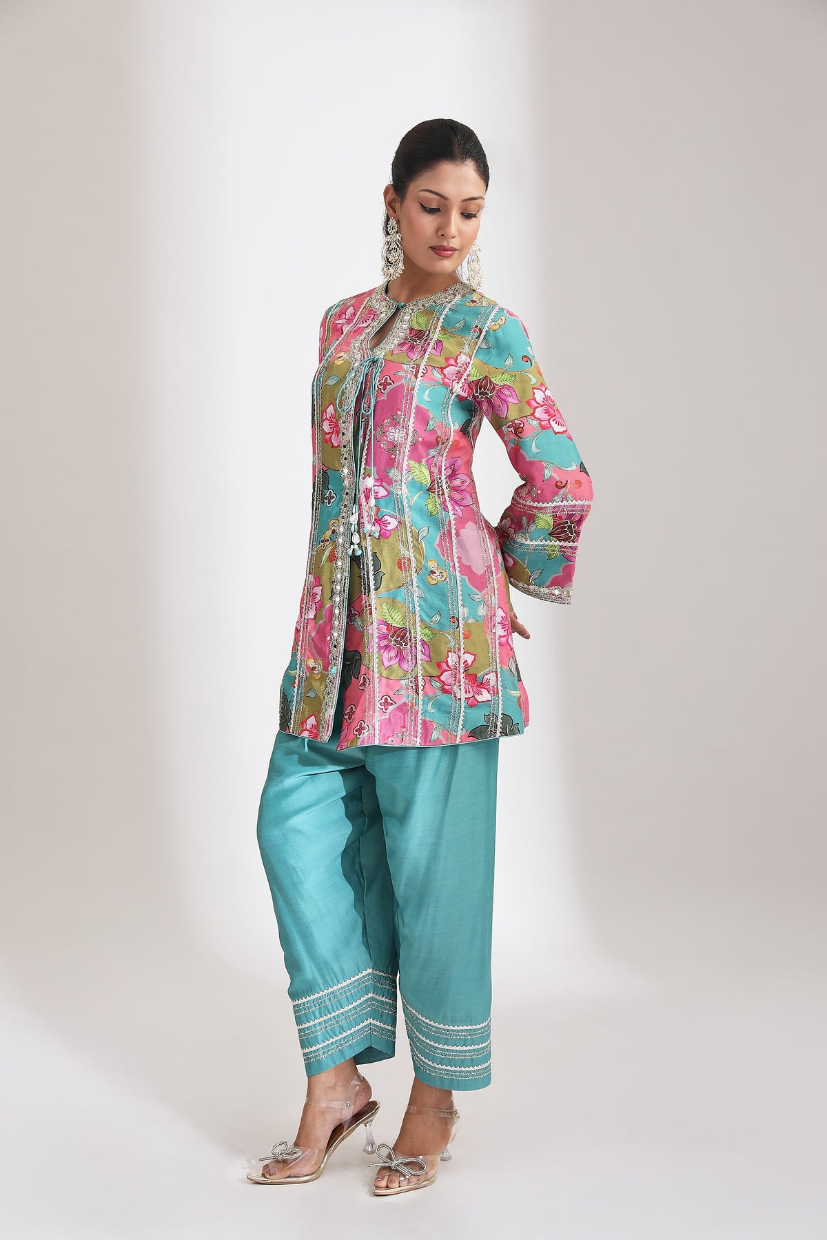 Multi-Color Floral Printed Embroidered Angrakha Paired with Solid Pants & Dupatta