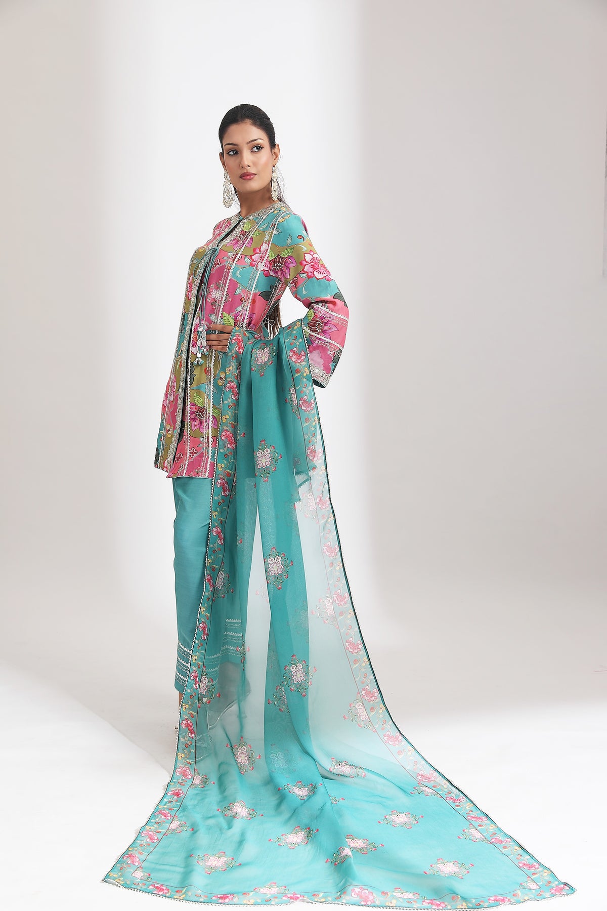 Multi-Color Floral Printed Embroidered Angrakha Paired with Solid Pants & Dupatta