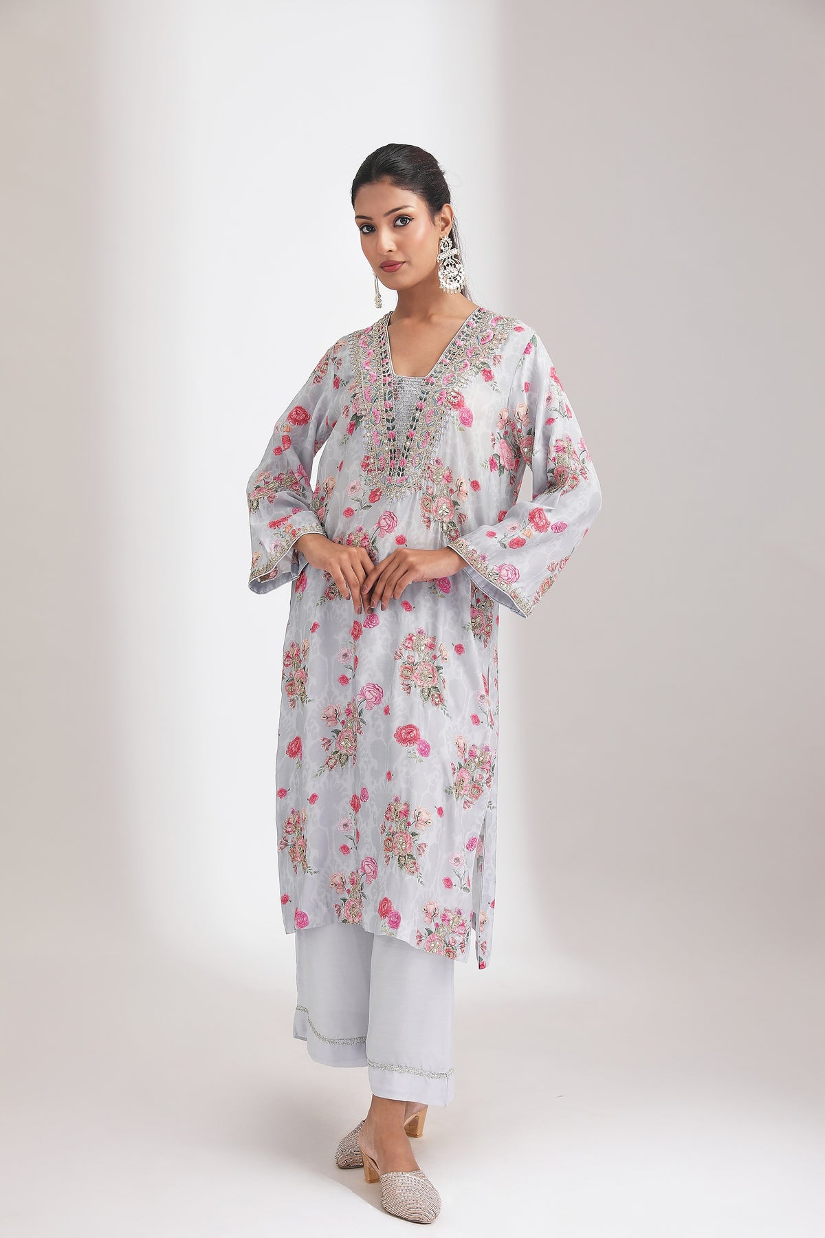 Blue Embroidered Floral Printed Kurta Set