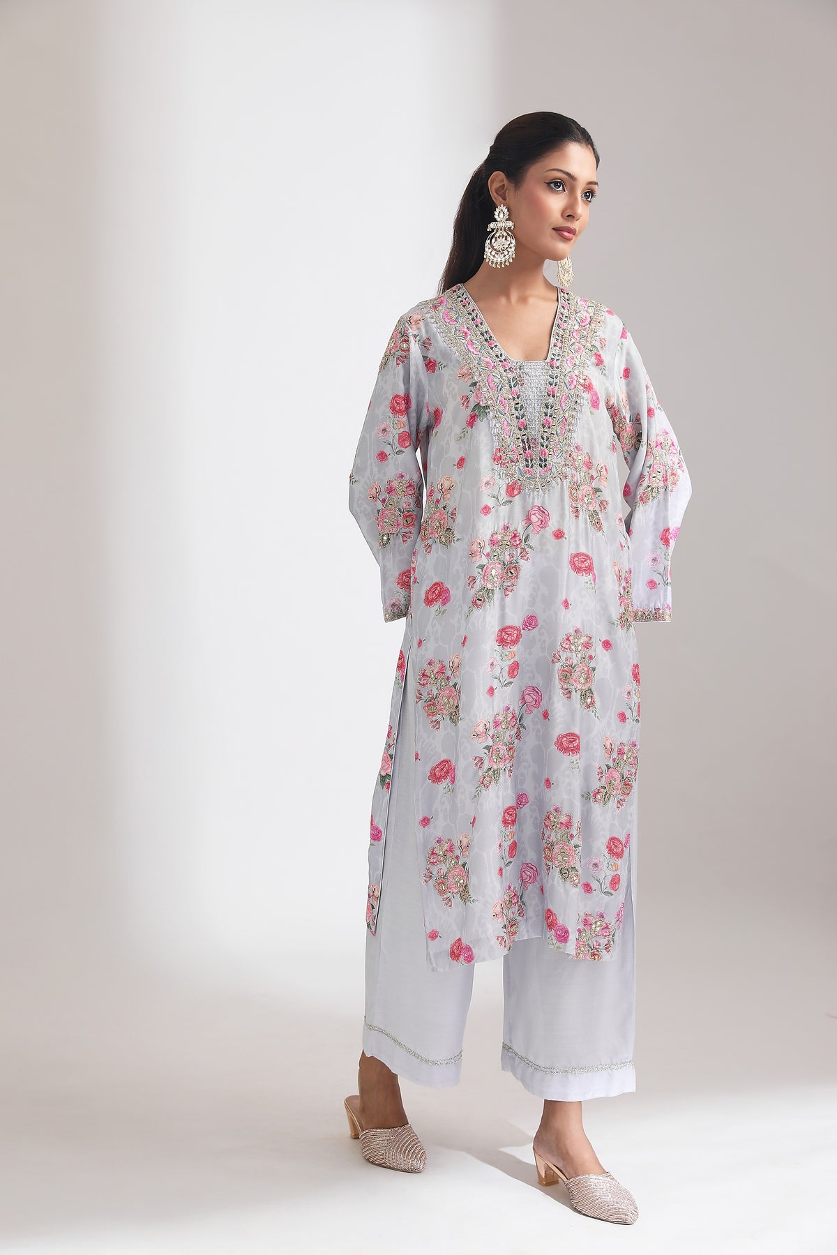 Blue Embroidered Floral Printed Kurta Set