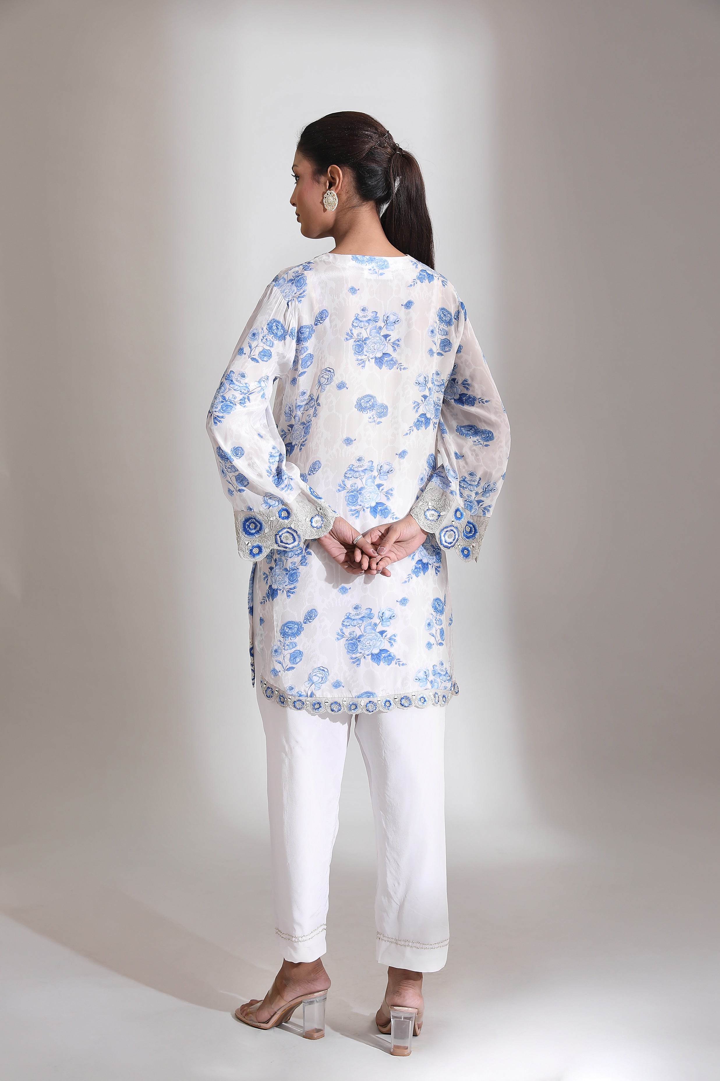 Blue White Floral Printed Kurta with Pant & Dupatta Set