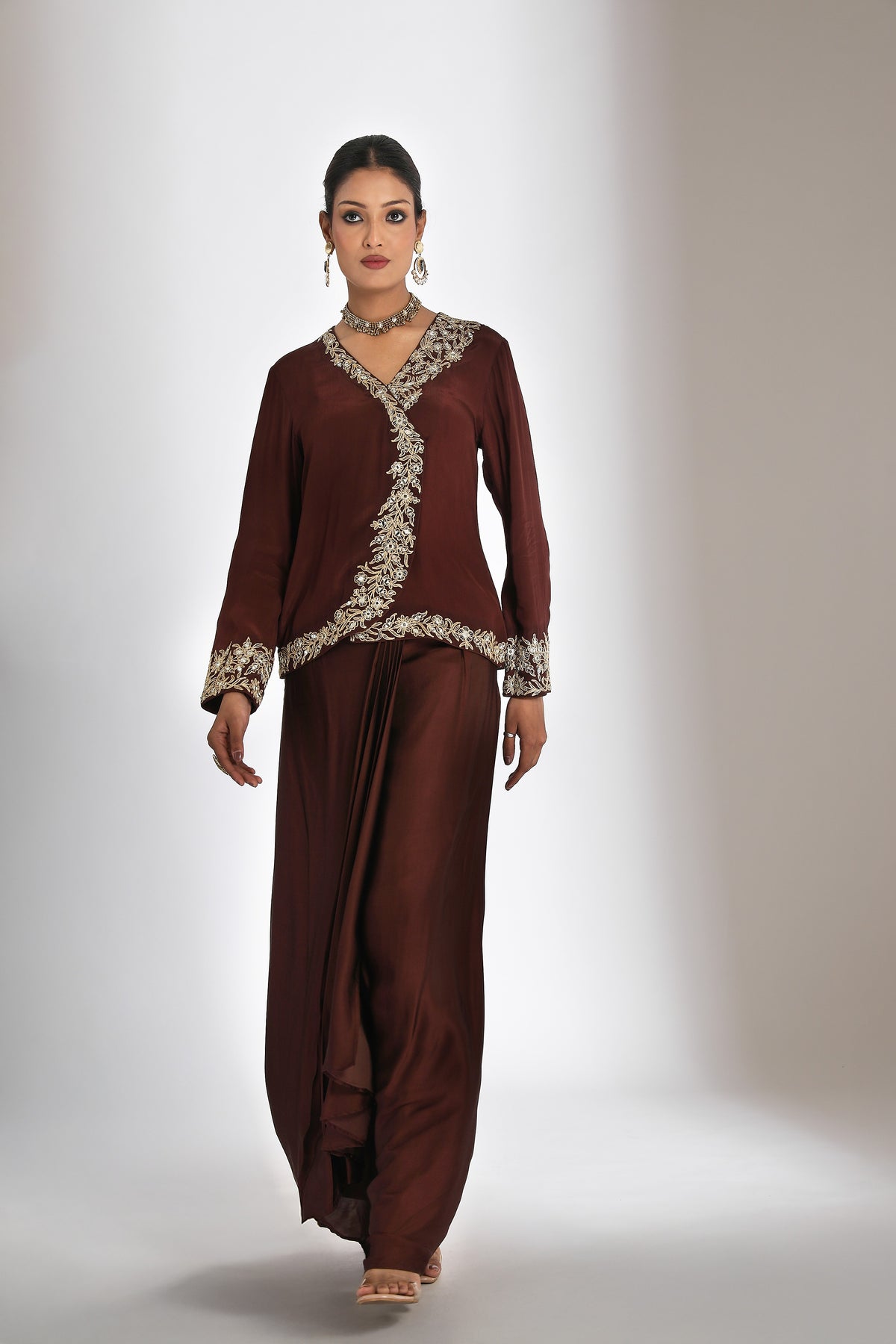 Brown Embroidered Cross Jacket Drape Skirt Set