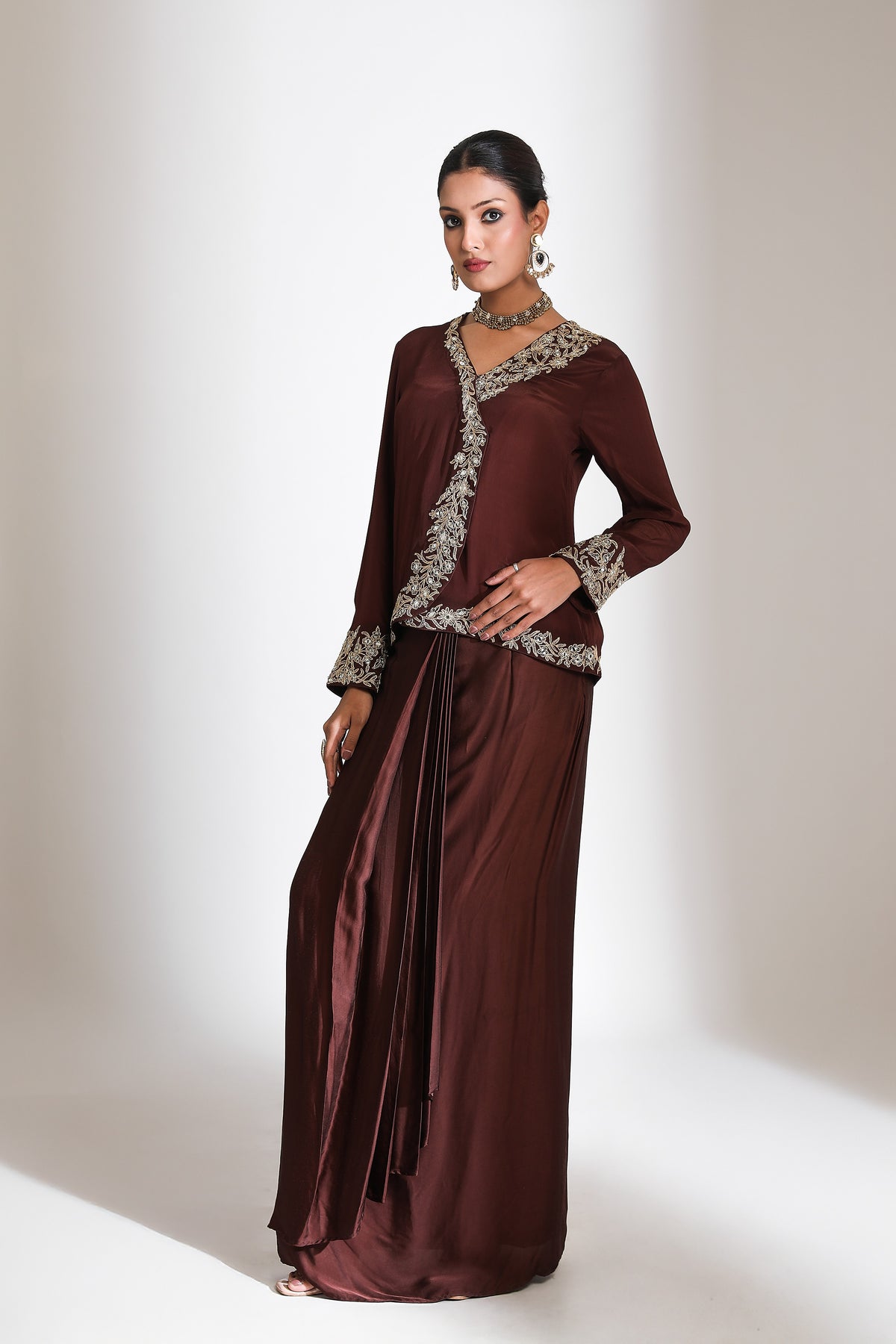 Brown Embroidered Cross Jacket Drape Skirt Set