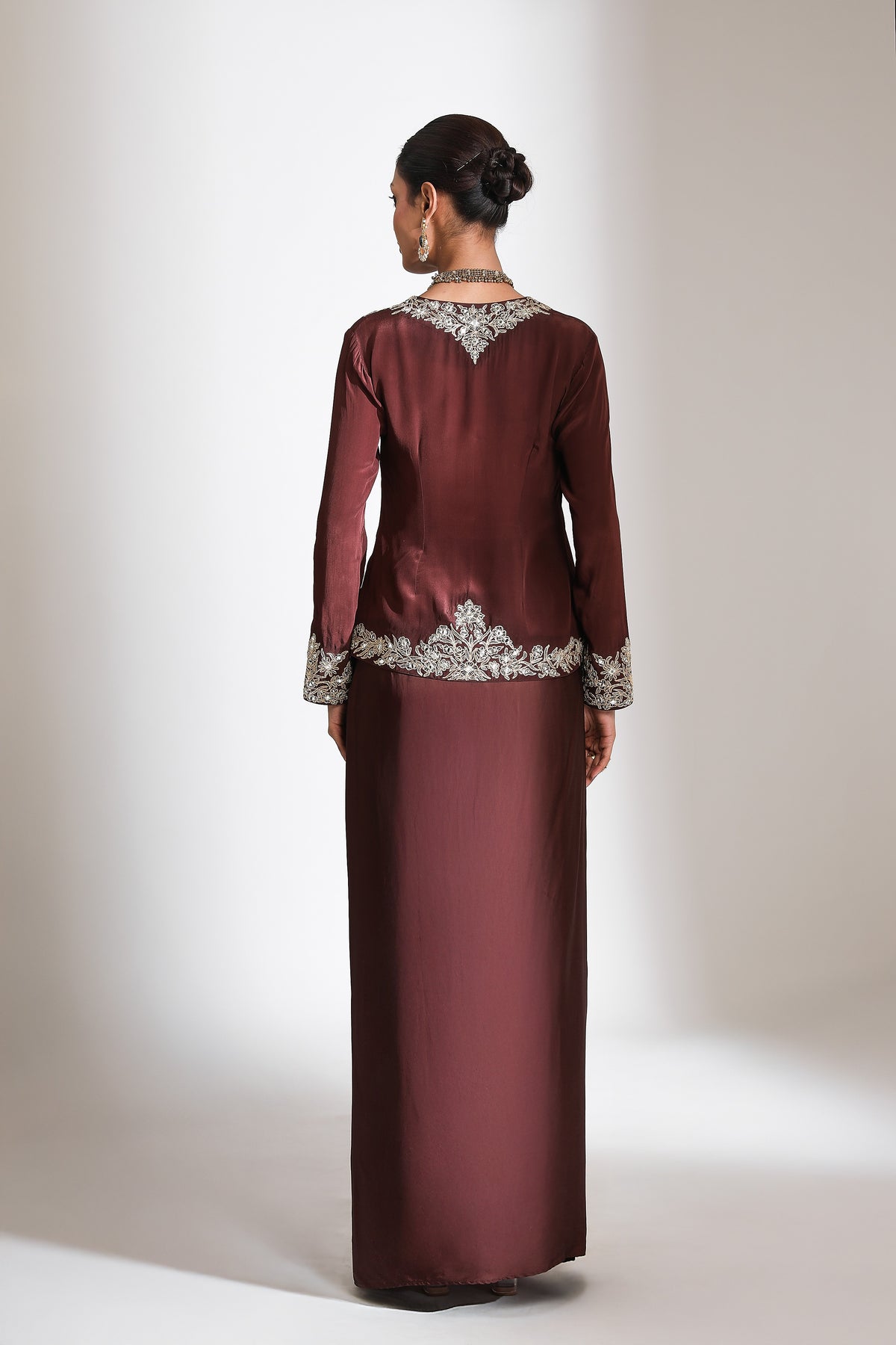 Brown Embroidered Cross Jacket Drape Skirt Set