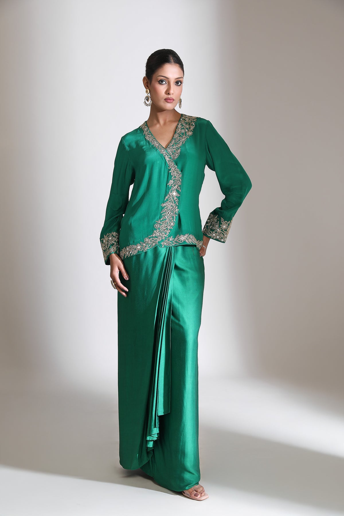 Emerald Green Embroidered Cross Jacket Drape Skirt Set