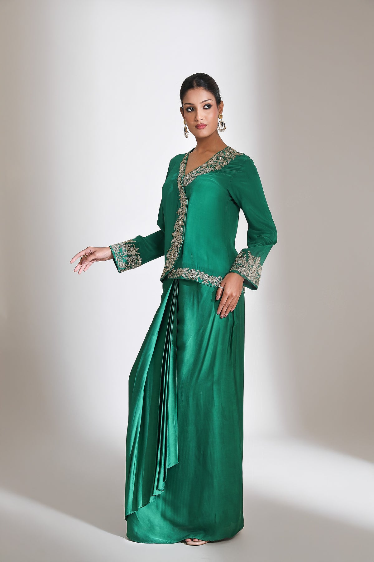 Emerald Green Embroidered Cross Jacket Drape Skirt Set