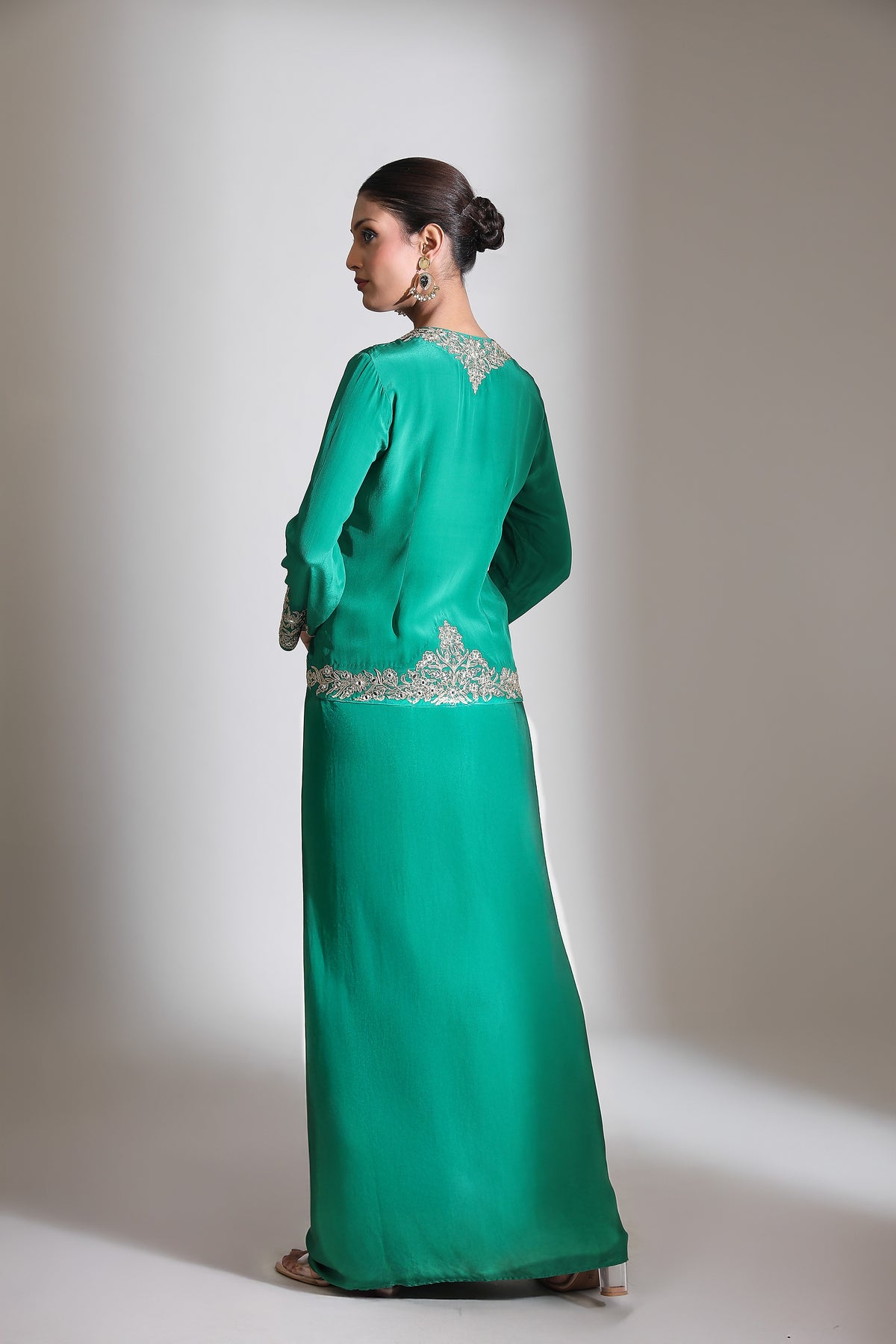 Emerald Green Embroidered Cross Jacket Drape Skirt Set