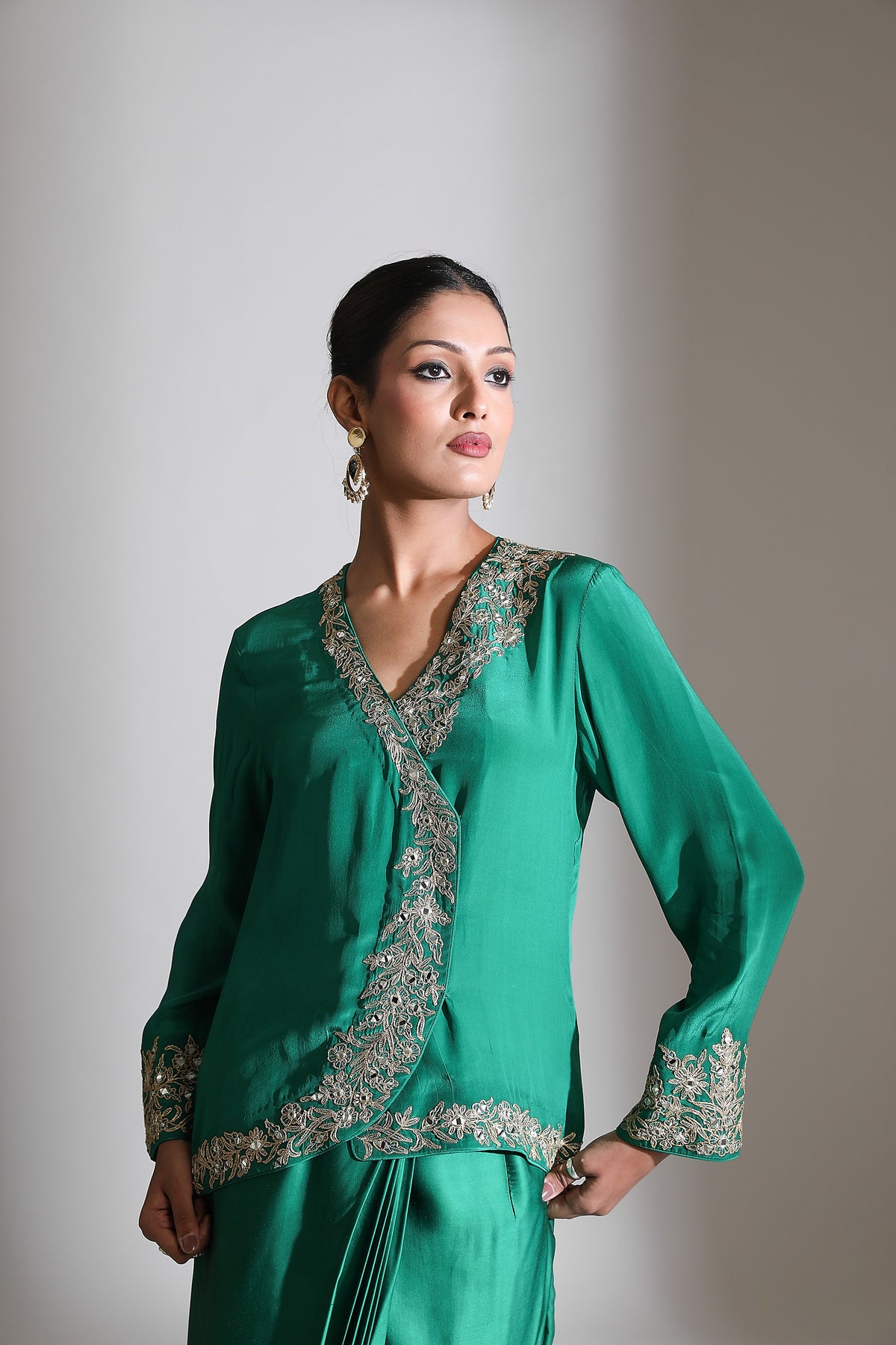 Emerald Green Embroidered Cross Jacket Drape Skirt Set