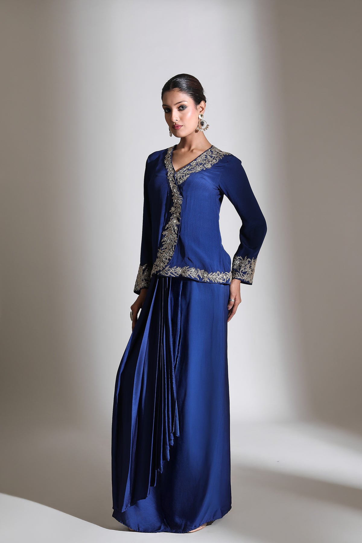 Blue Embroidered Cross Jacket Drape Skirt Set
